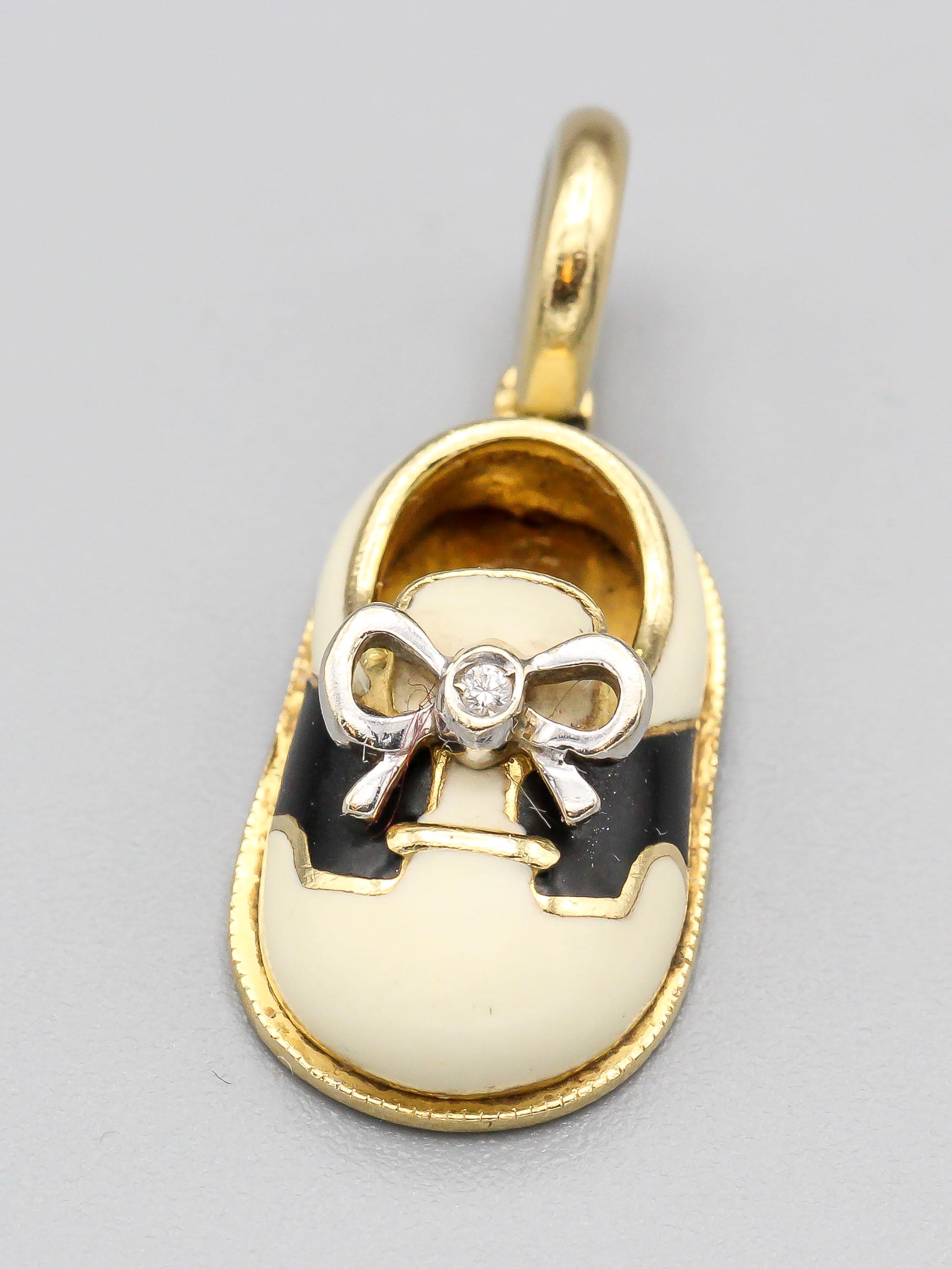 Basha Diamond Enamel and 18 Karat Gold Baby Boy Shoe Charm In Good Condition In New York City, NY