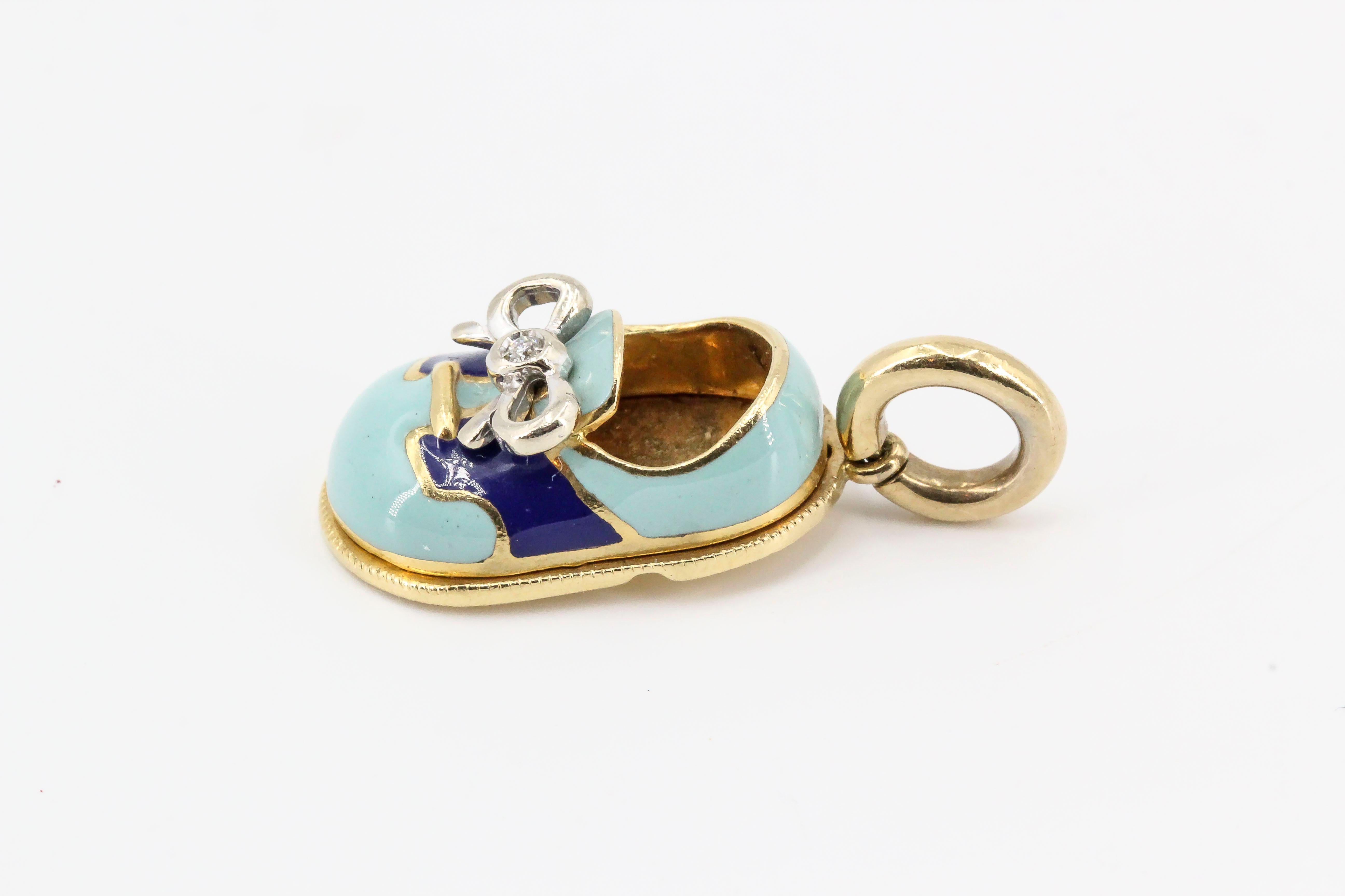 Basha Diamond Enamel and 18 Karat Gold Baby Boy Shoe Charm In Excellent Condition In New York, NY