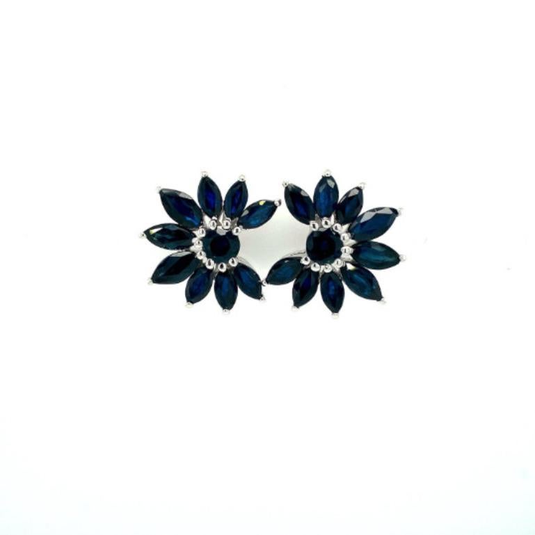 Mixed Cut Statement Blue Sapphire Flower 925 Sterling Silver Stud Earrings for Her For Sale