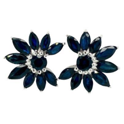 Statement Blue Sapphire Flower 925 Sterling Silver Stud Earrings for Her For Sale