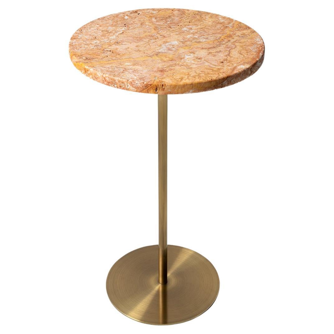 Basic Brass Plated Metal & Golden Travertine Marble Side Table 'Large' For Sale