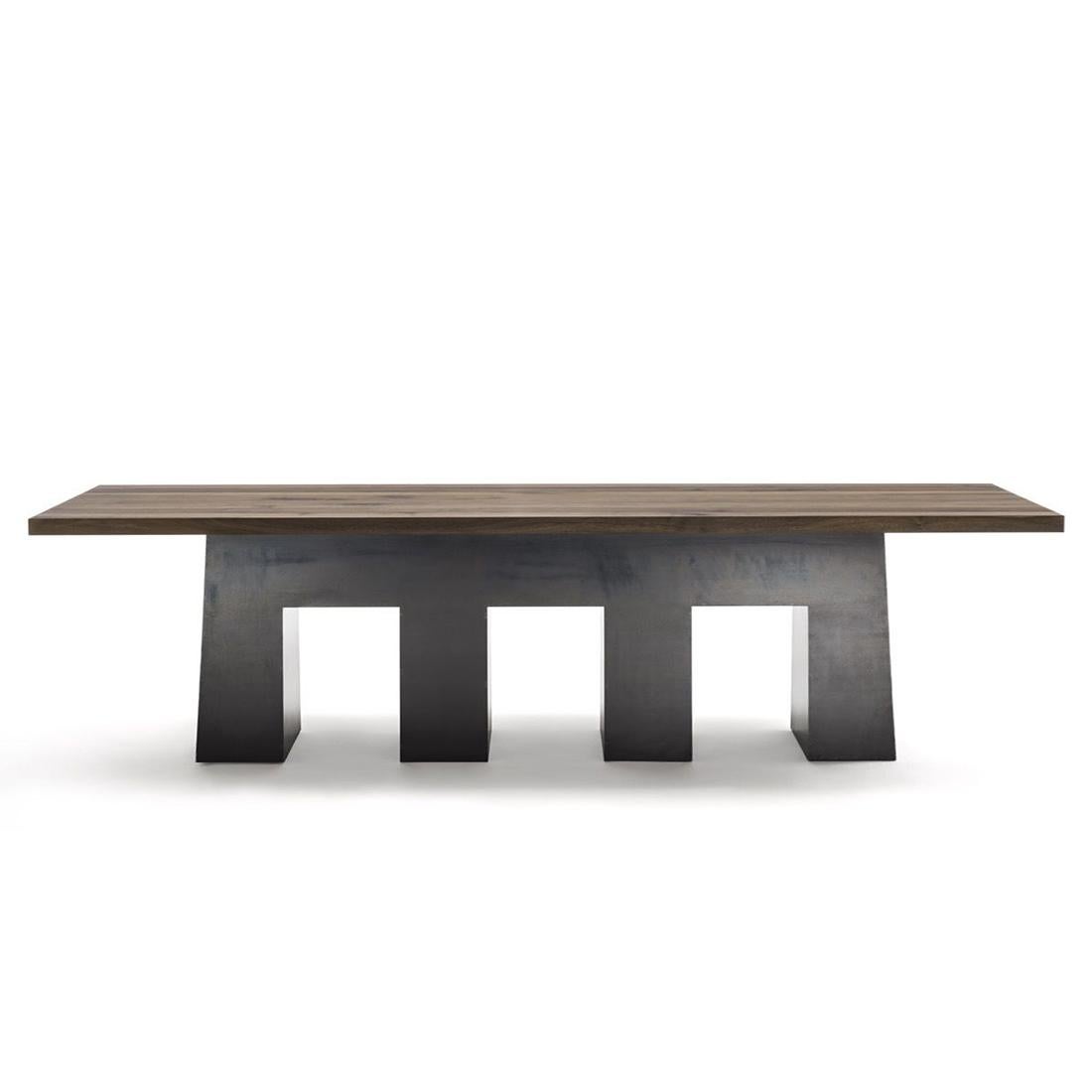 Dining table basic with solid walnut wood top and
with solid forged iron base in raw iron finish.
Also available with solid oak top.
Available in:
L 240 x D 110 x H 75cm, price: 8900,00€
L 260 x D 110 x H 75cm, price: 9900,00€
L 280 x D 110 x