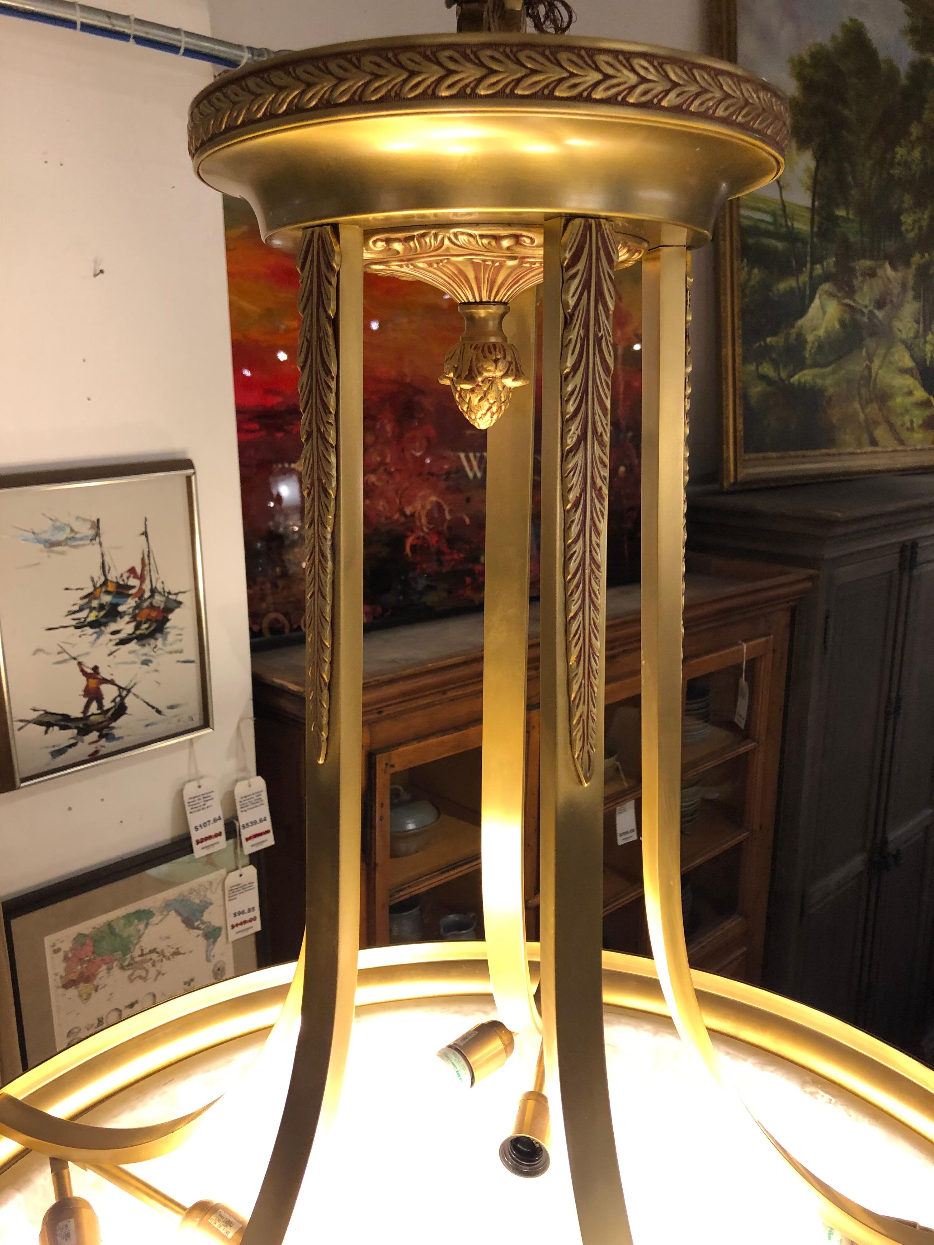 Contemporary Basic Source Cast Brass + Glass Alabaster Style Chandelier For Sale