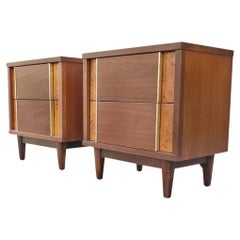 Basic Witz Pair Mid-Century Walnut Olive-Burl Restored Nightstands or End Tables