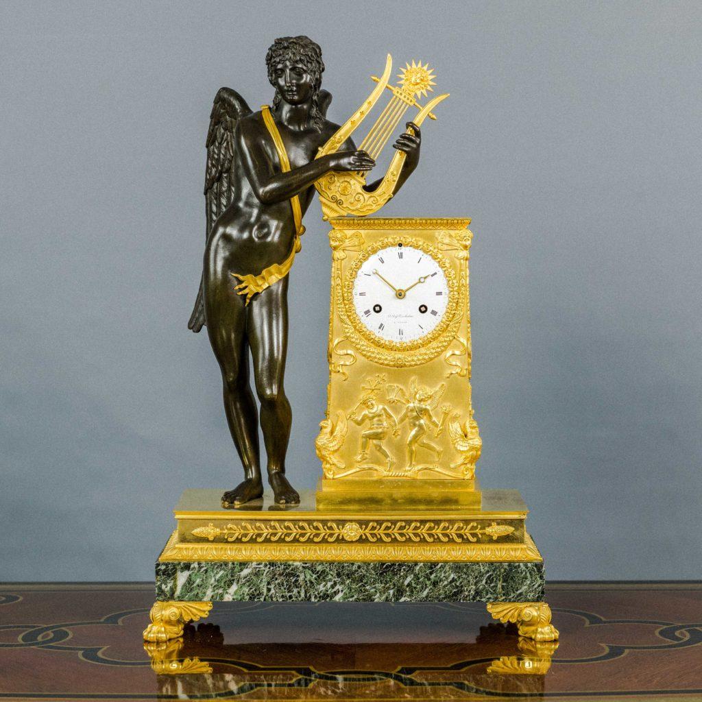 Empire clock, circa 1810.

Pendulum attributed to Pierre-Philippe Thomire (1751-1843), the enamelled dial with Roman numerals is signed Le Roy, watchmaker of Madame in Paris.
Basil Charles Le Roy (1765-1828).

The name of Le Roy is linked to