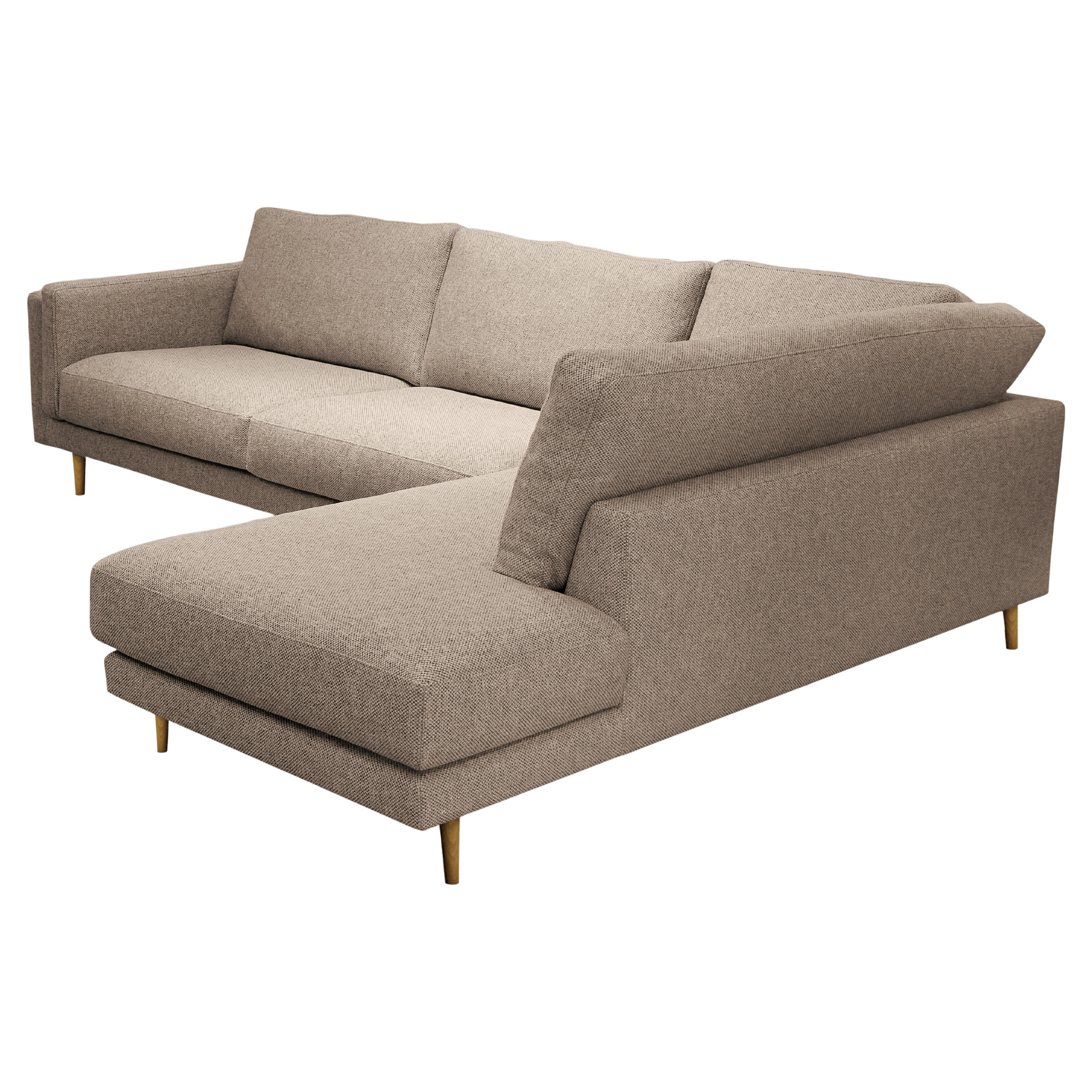 Polacco Divano angolare Basile con pouf, tessuto in lino e cotone, piedi in Oak in vendita