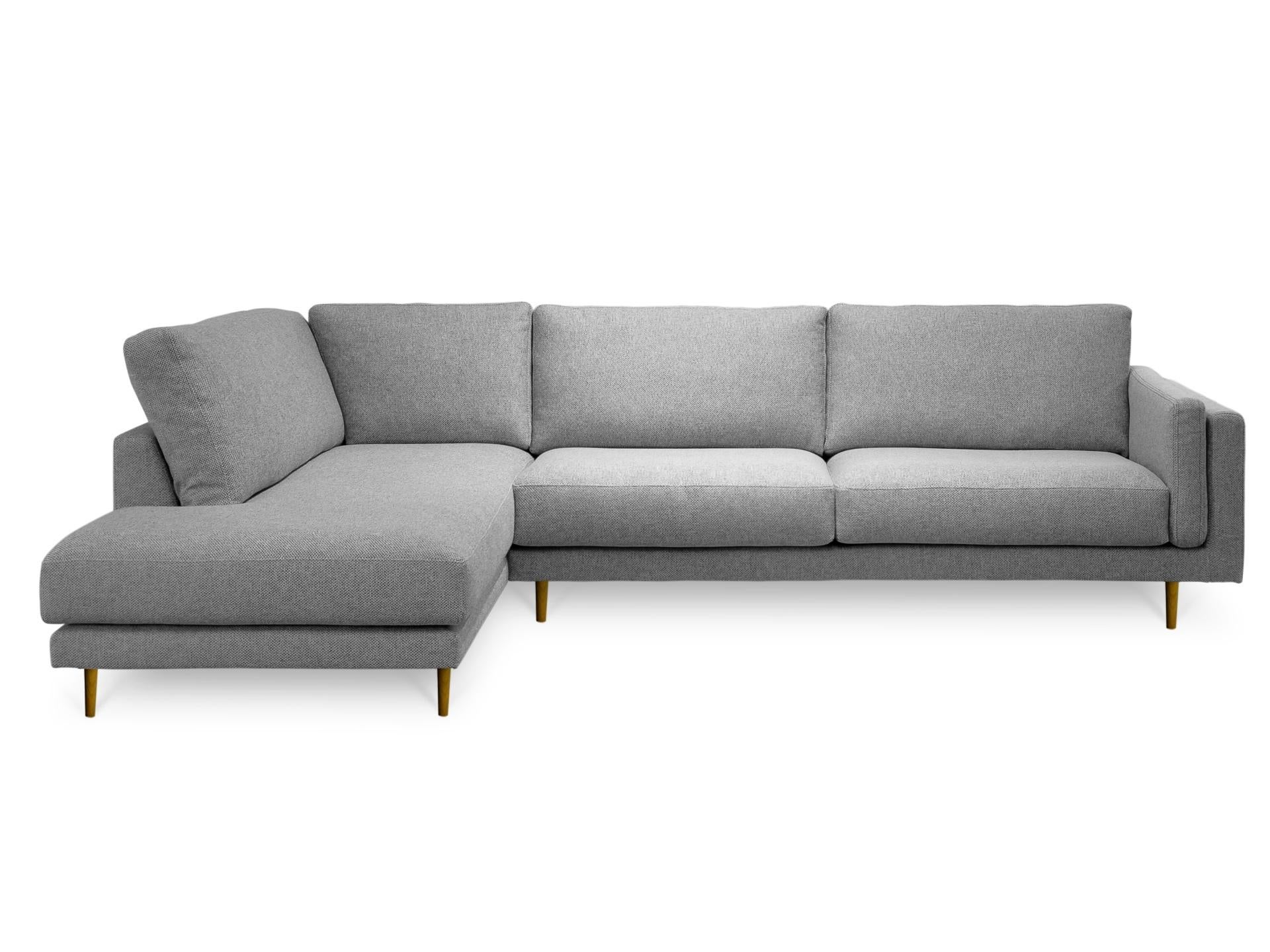 XXI secolo e contemporaneo Divano angolare Basile con pouf, tessuto in lino e cotone, piedi in Oak in vendita