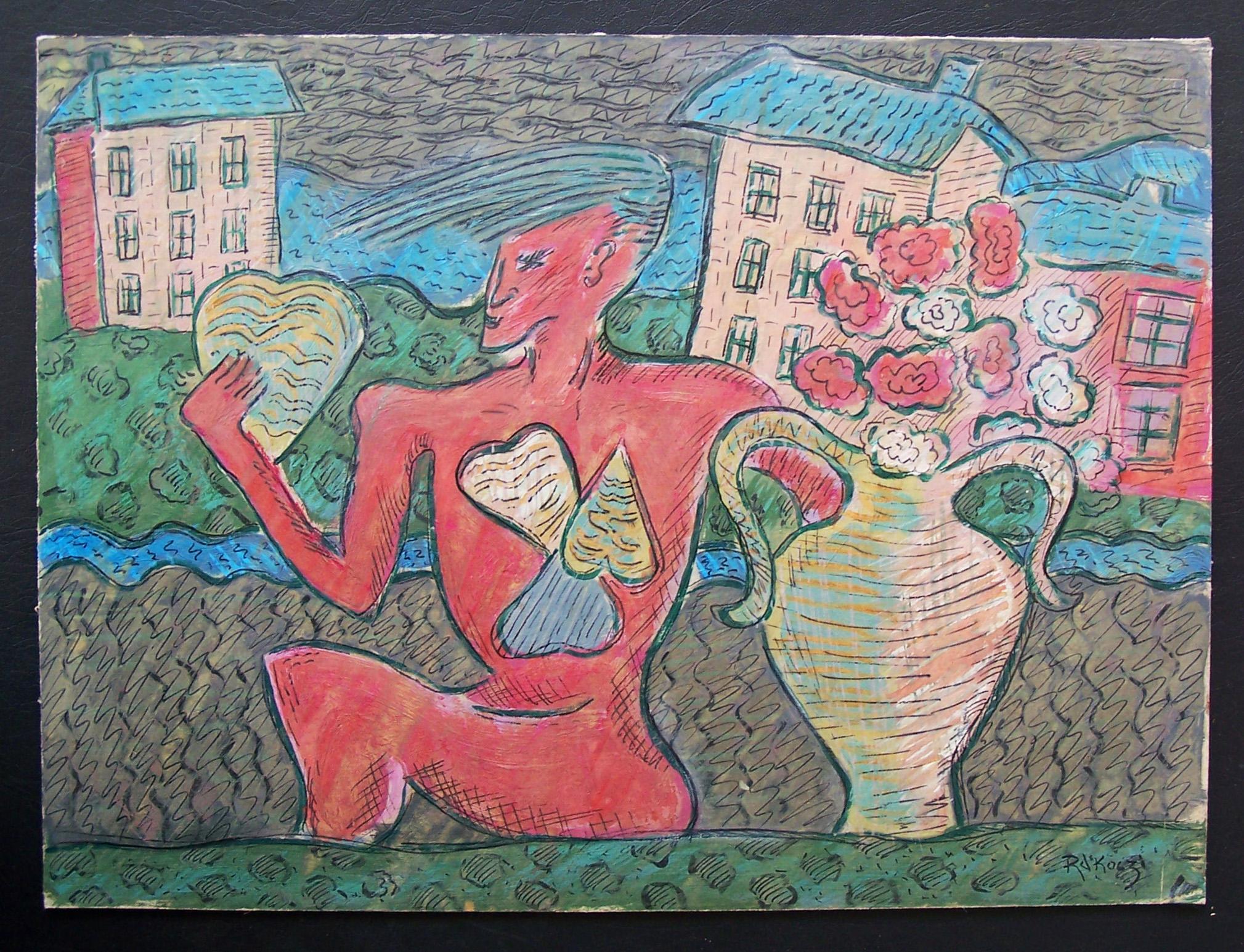 Rote Figur, die ein Herz hält, irische Kunst – Painting von Basil Ivan Rákóczi