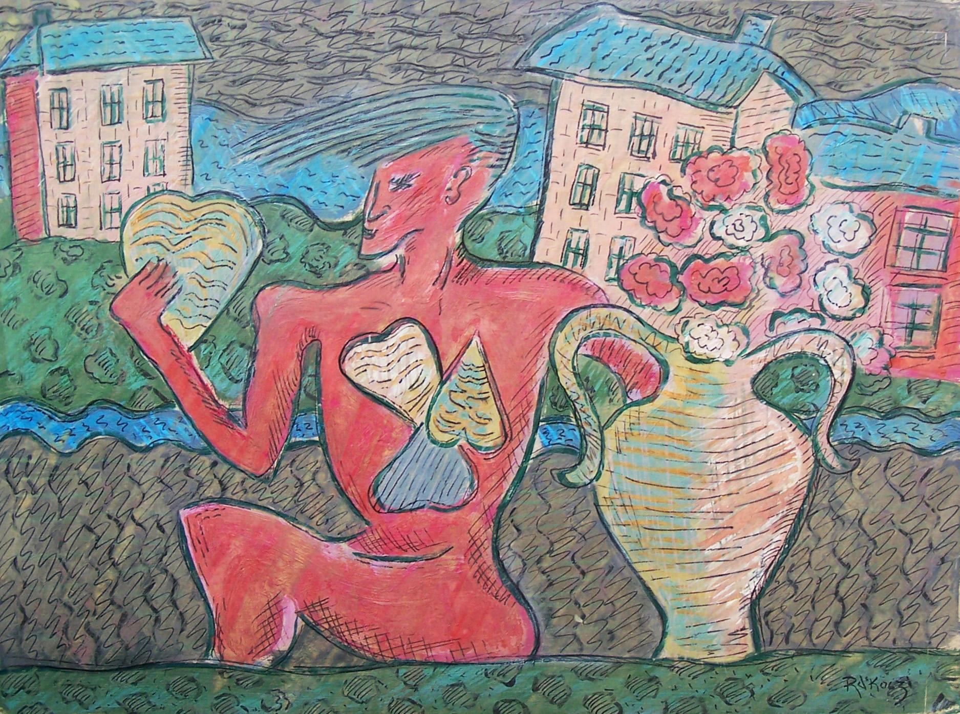 Basil Ivan Rákóczi Figurative Painting – Rote Figur, die ein Herz hält, irische Kunst