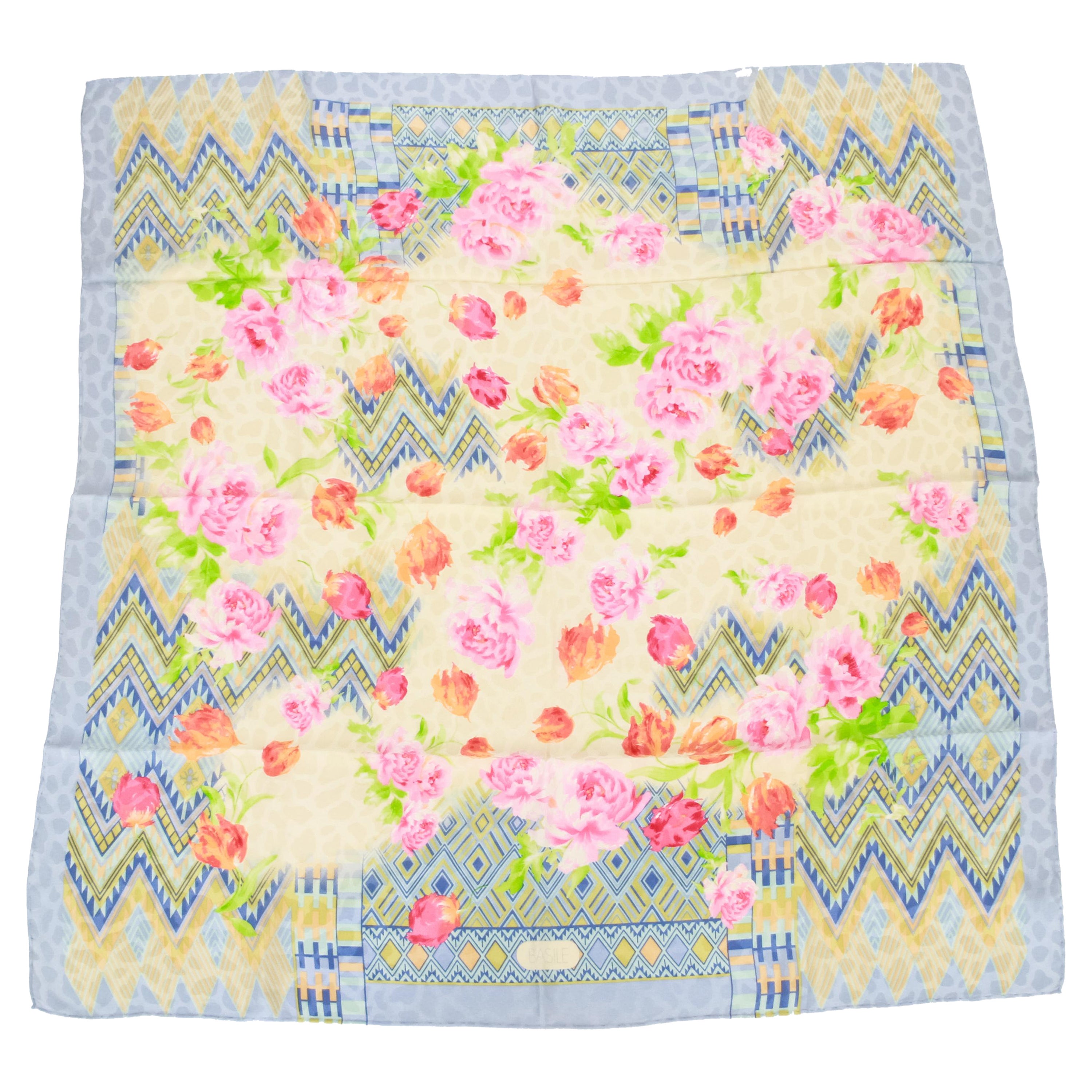 Basile 80s Blue Peonies Silk Scarf For Sale