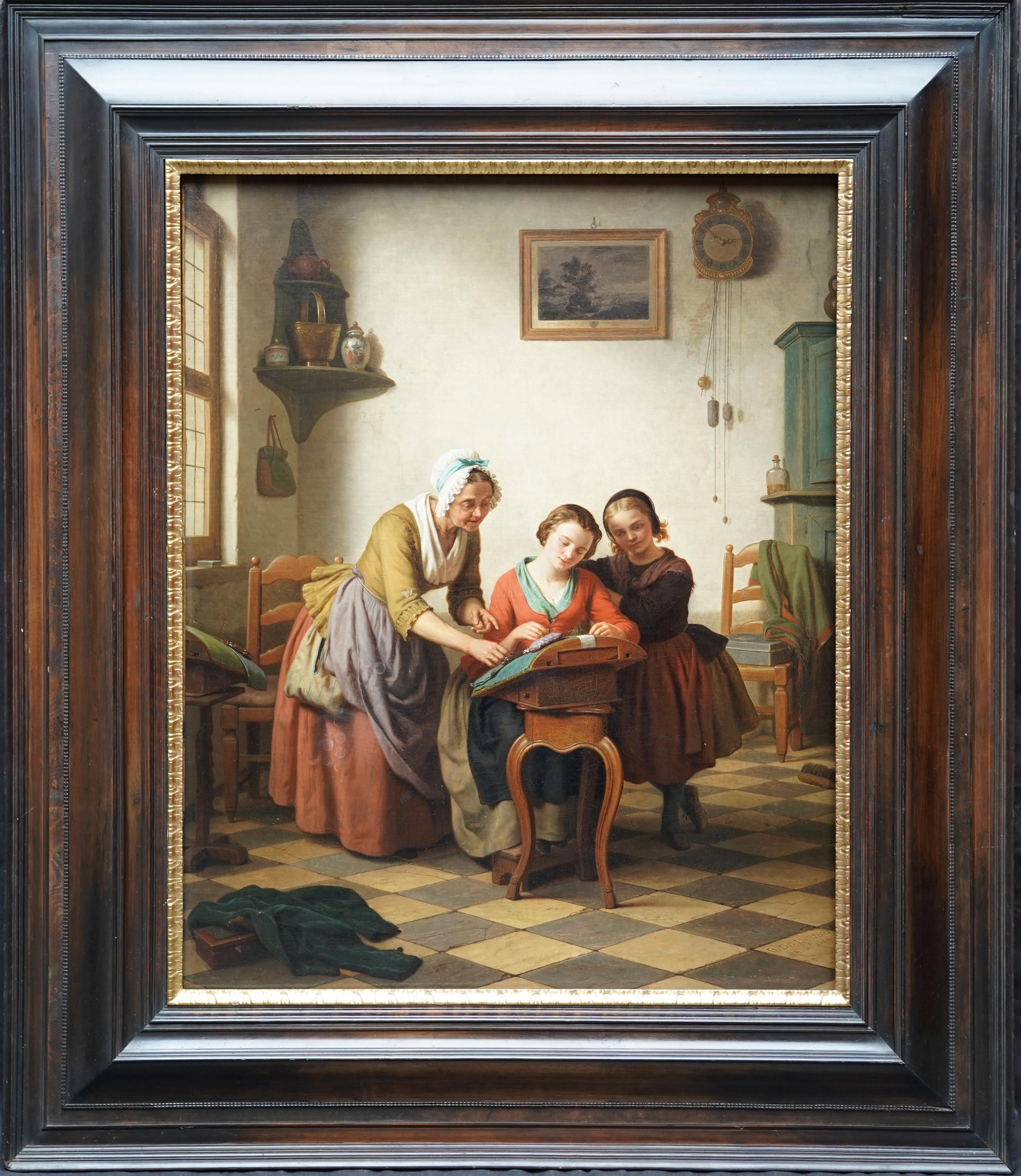 The Lace Making Lesson - Belgian 19th century figurative interior oil painting 