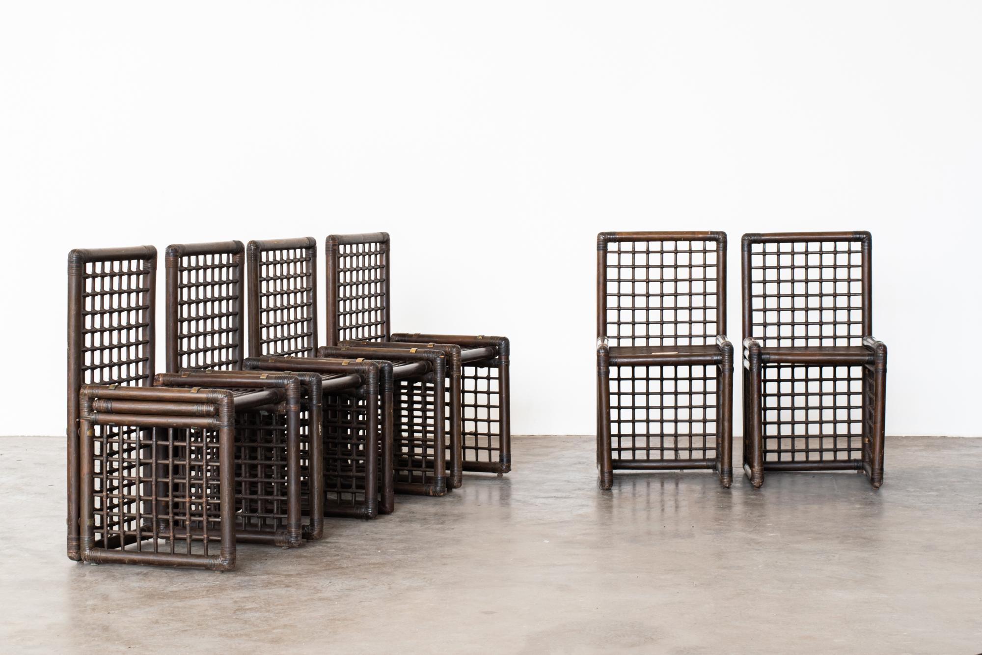 Basilian i Set by Afra and Tobia Scarpa Rattan Brass Bookcase, Chairs, Sofa For Sale 4