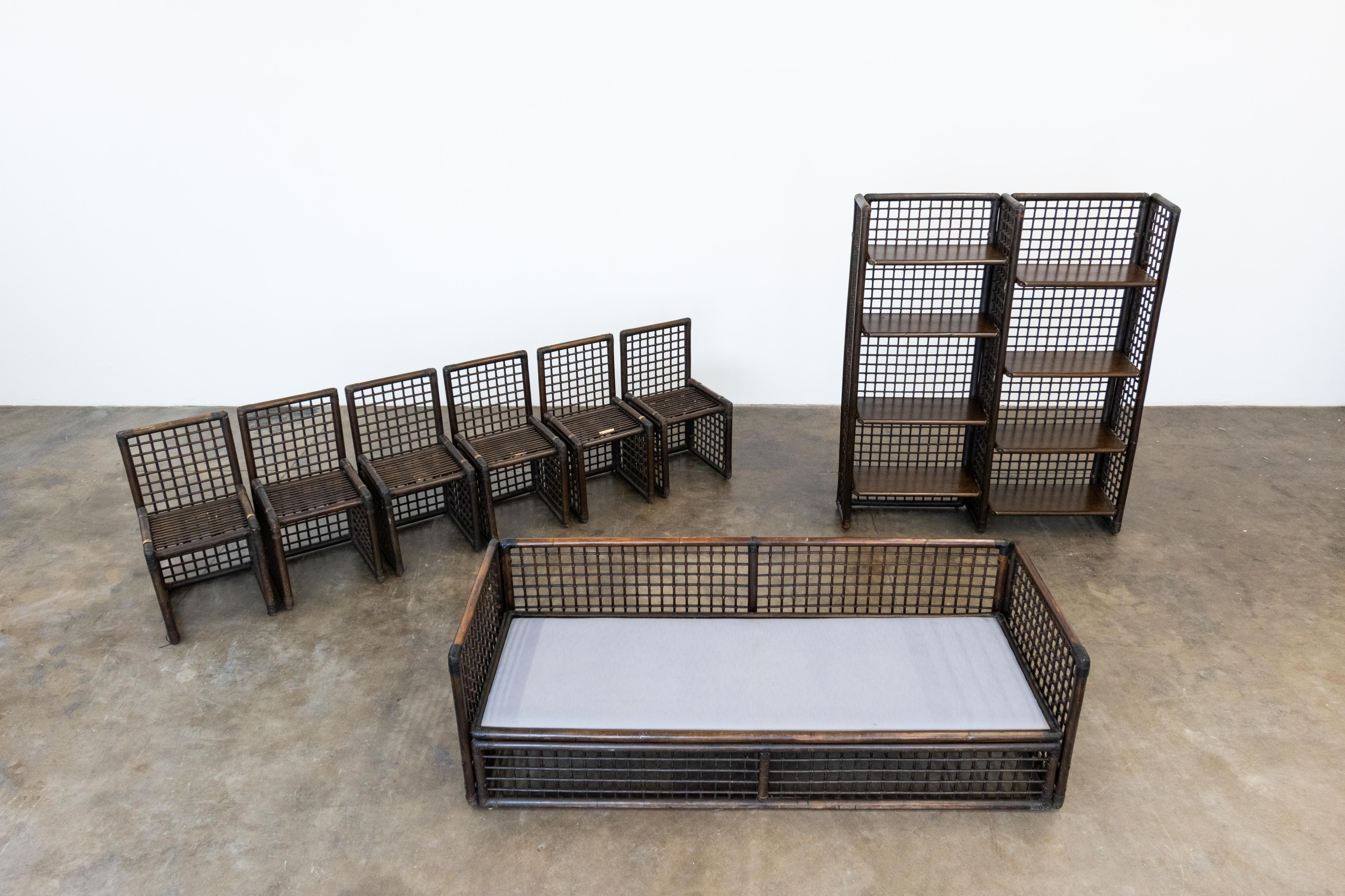 Mid-Century Modern Basilian i Set by Afra and Tobia Scarpa Rattan Brass Bookcase, Chairs, Sofa For Sale