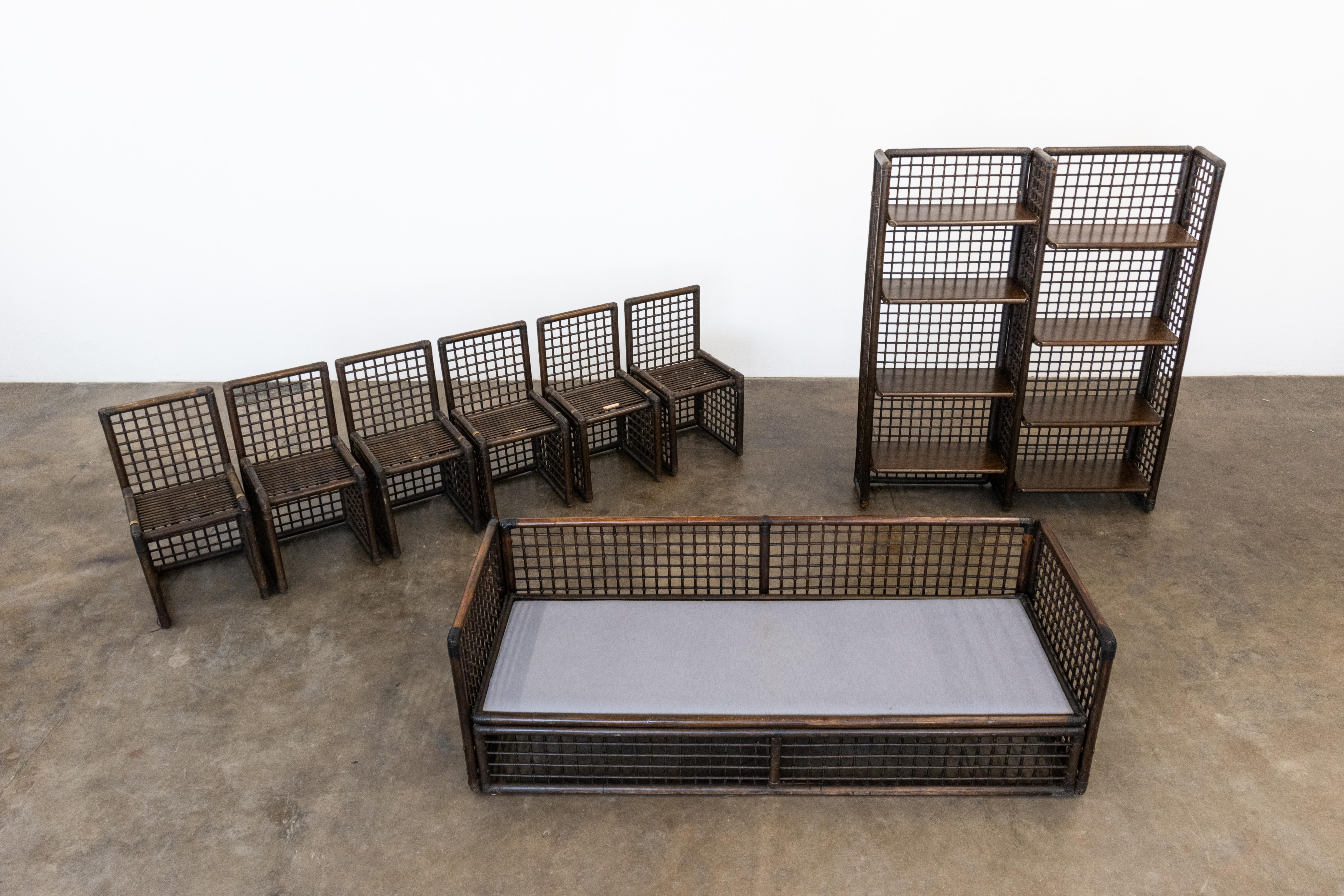Italian Basilian i Set by Afra and Tobia Scarpa Rattan Brass Bookcase, Chairs, Sofa For Sale