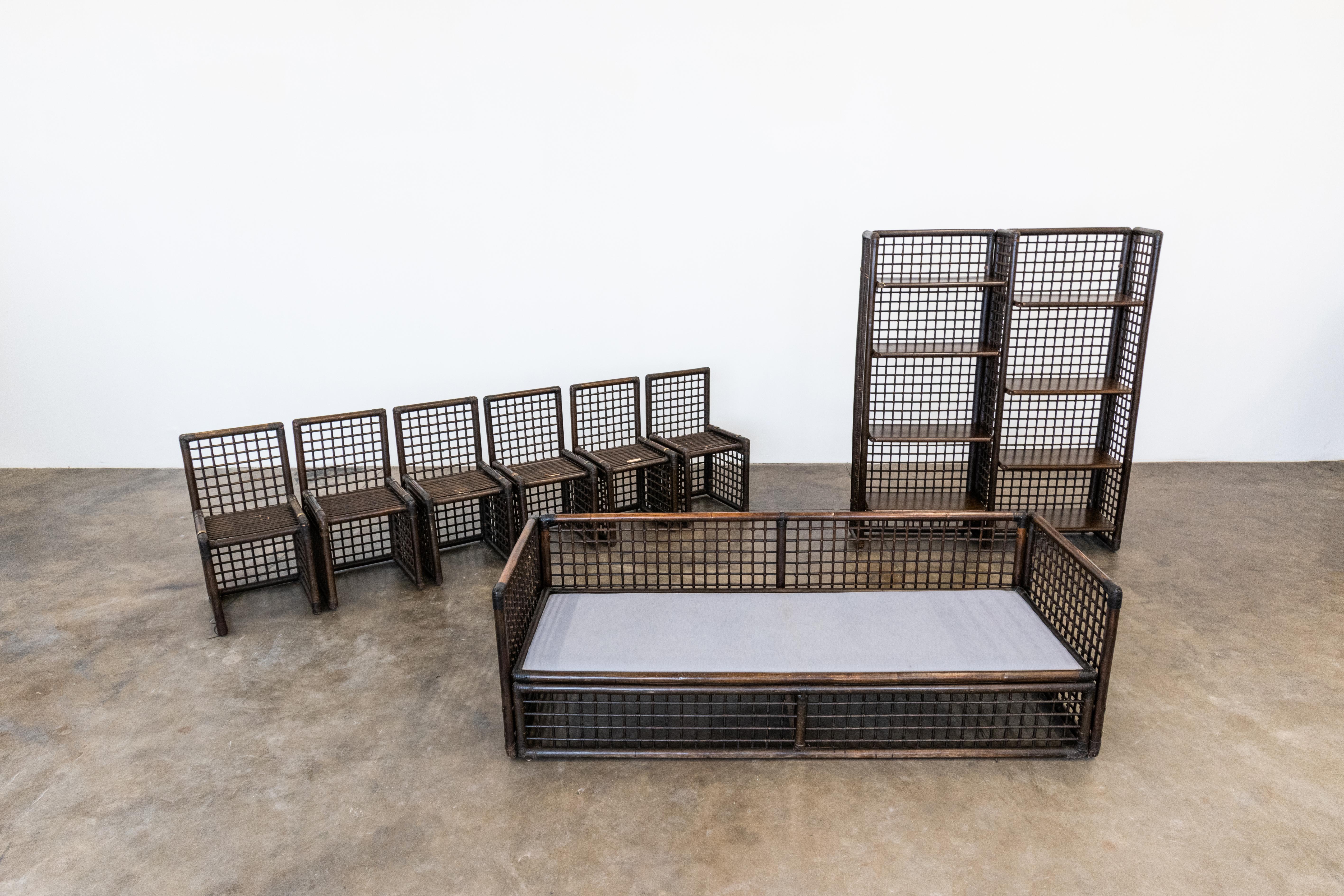 Basilian i Set by Afra and Tobia Scarpa Rattan Brass Bookcase, Chairs, Sofa In Good Condition For Sale In Montecatini Terme, Toscana