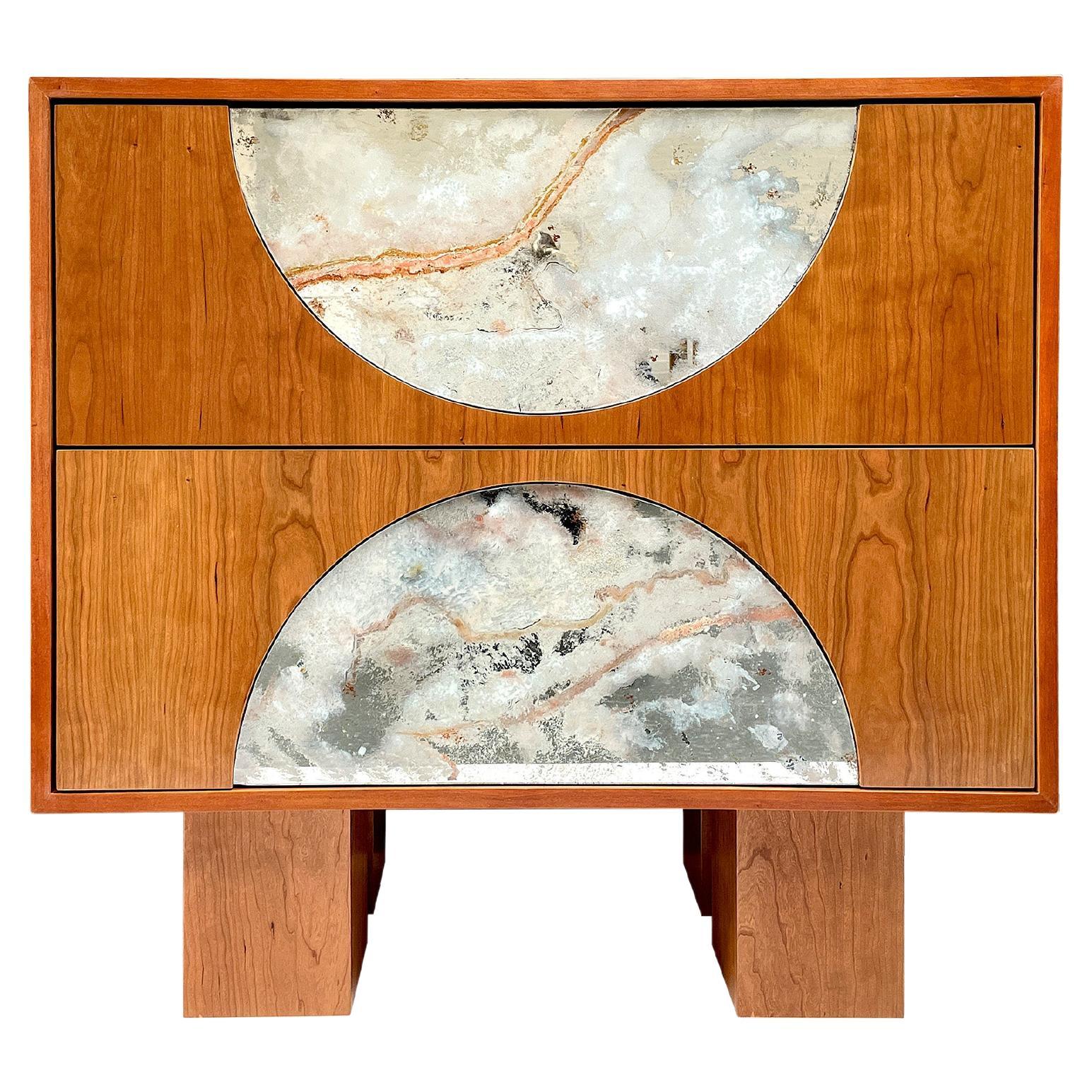 Enfilade moderne à 2 tiroirs en bois de cerisier, miroir Eglomize' d'Ercole Home