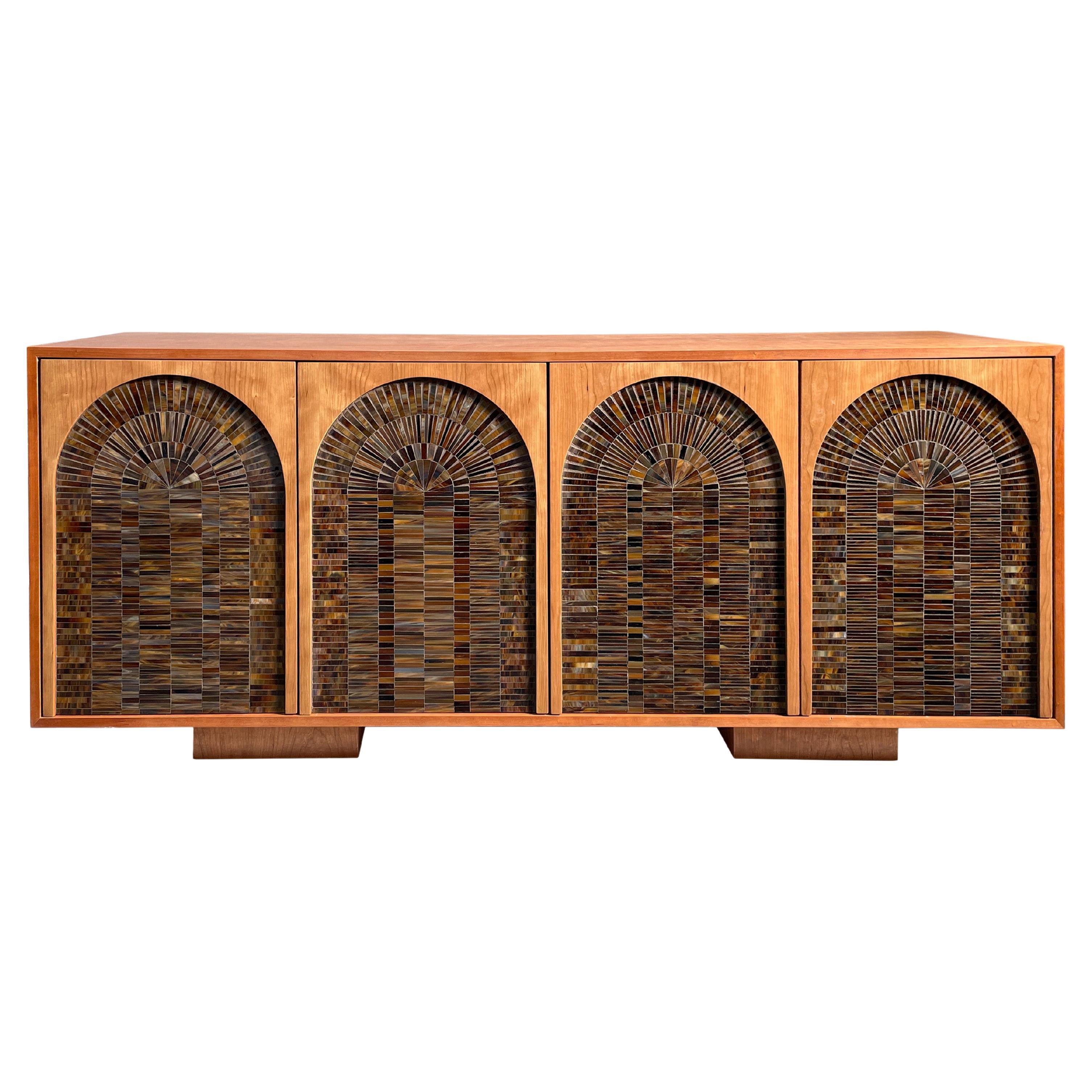 Modern Credenza 4 Door Cherry Wood and Glass Chocolate Mosaic by Ercole Home For Sale