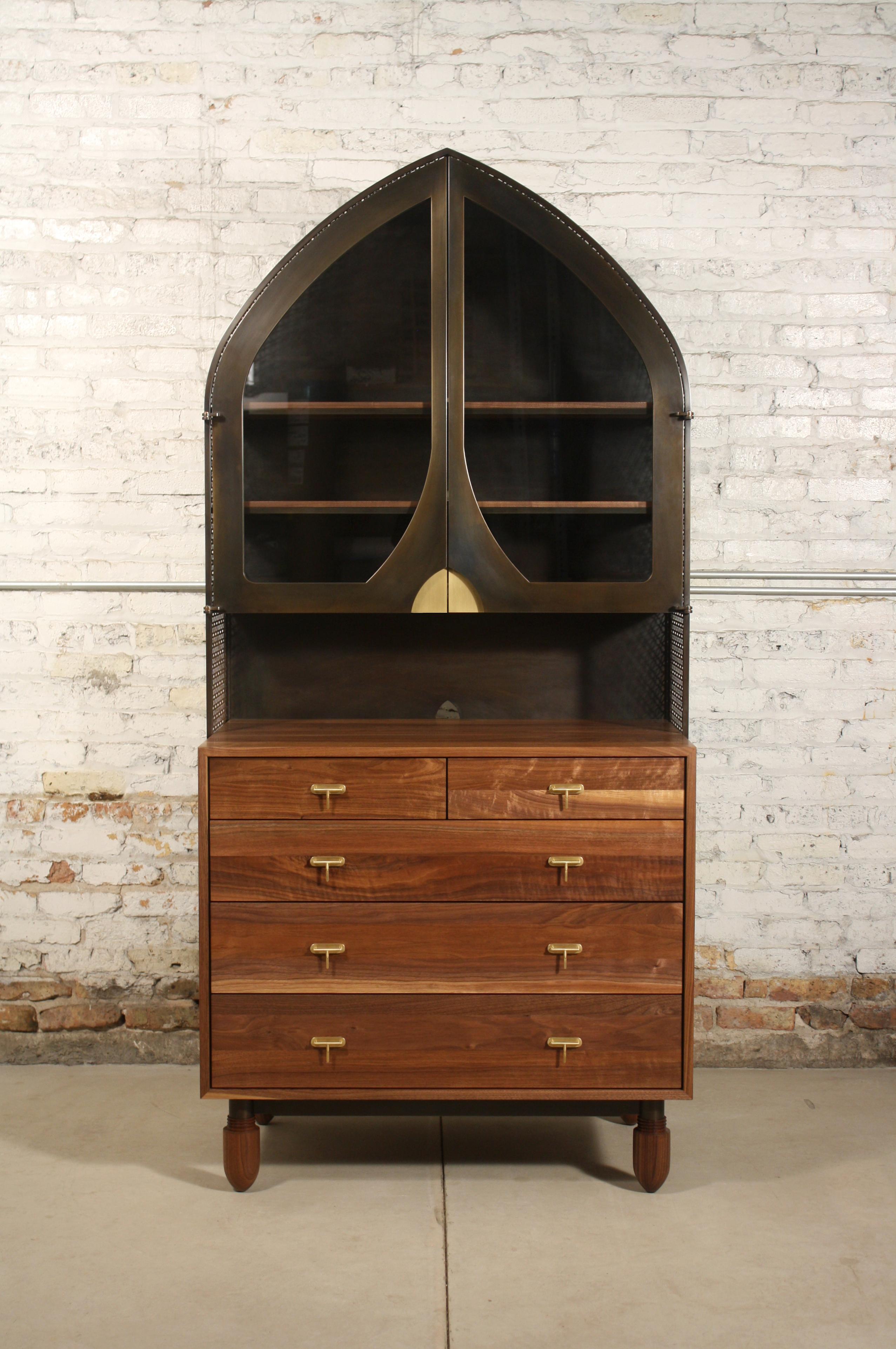 American Basilica Hutch by Laylo Studio in Solid Wood, Blackened Steel, Brass, and Glass For Sale