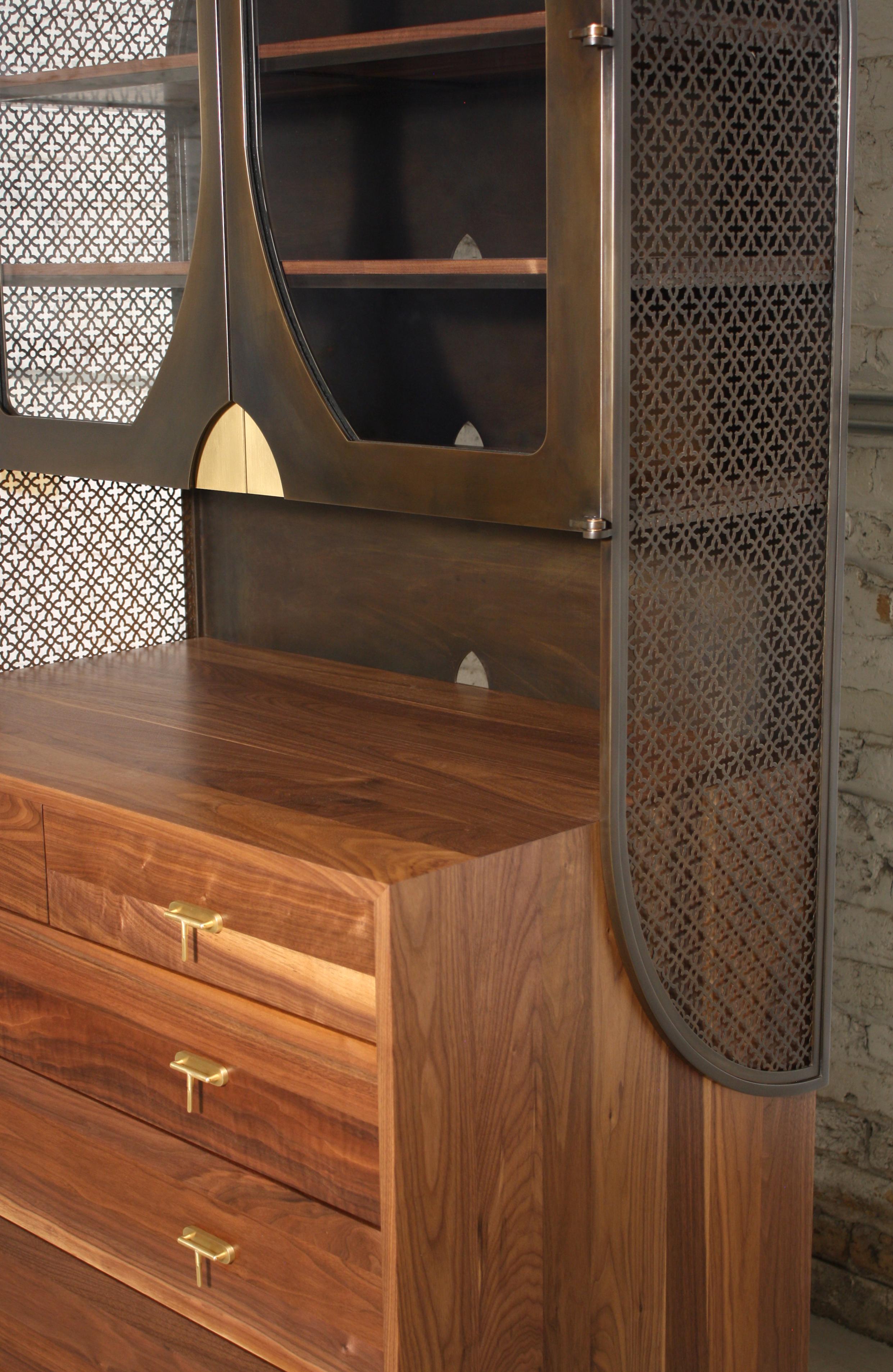 Contemporary Basilica Hutch by Laylo Studio in Solid Wood, Blackened Steel, Brass, and Glass For Sale