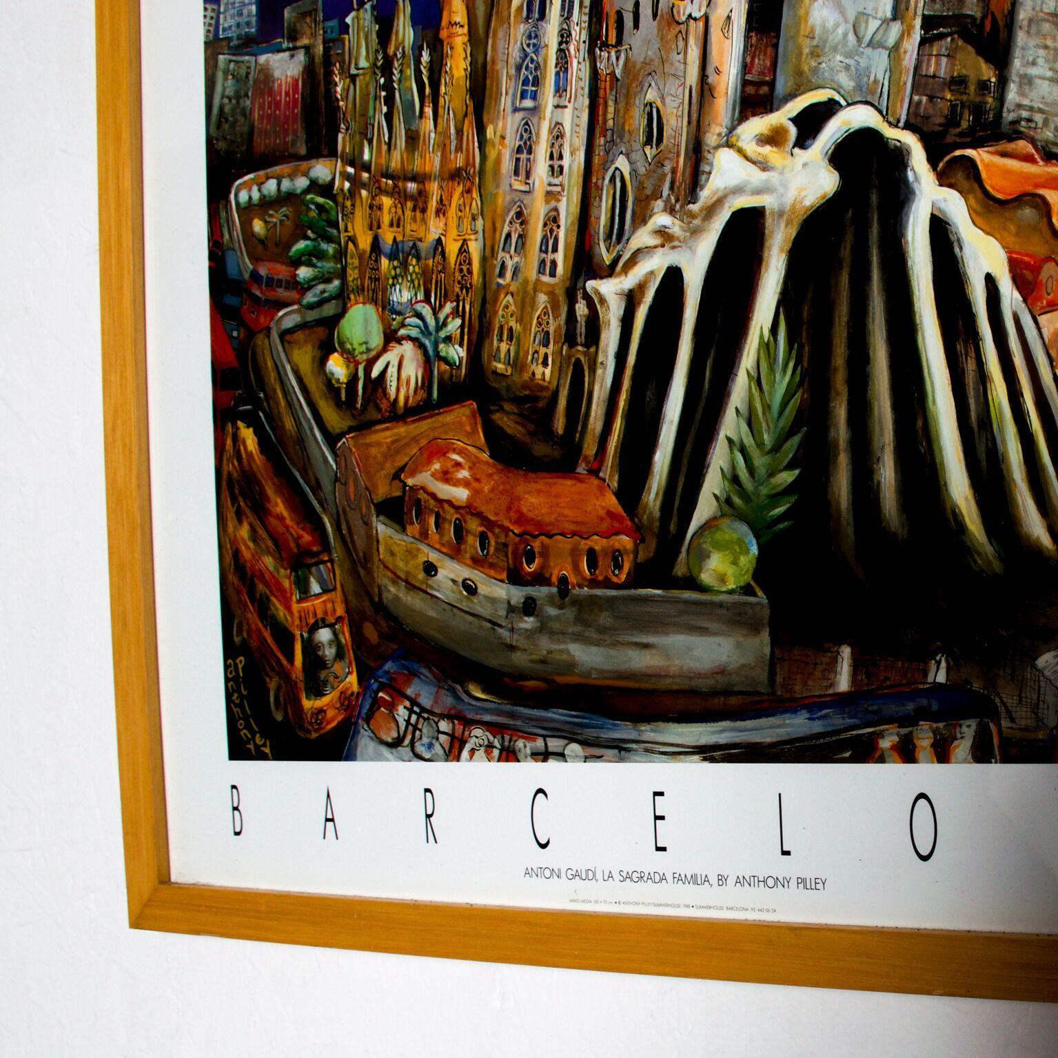 For your pleasure: Framed vibrant color abstract poster Barcelona Spain Basilica La Sagrada Familia Antoni Gaudi by artist Anthony Pilley, 1988. This poster captures iconic architectural landmark La Sagrada Familia in Barcelona,