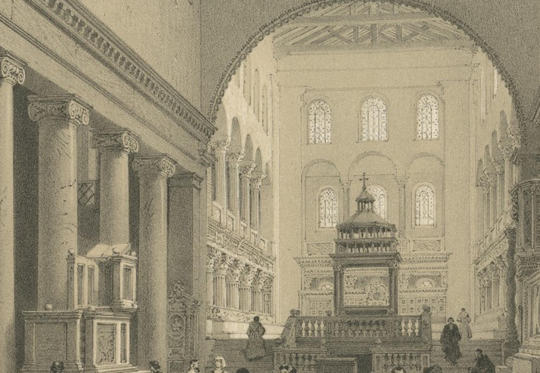 Basilica of San Lorenzo fuori le Mura Interior, Rome – Benoist 1869 Lithograph