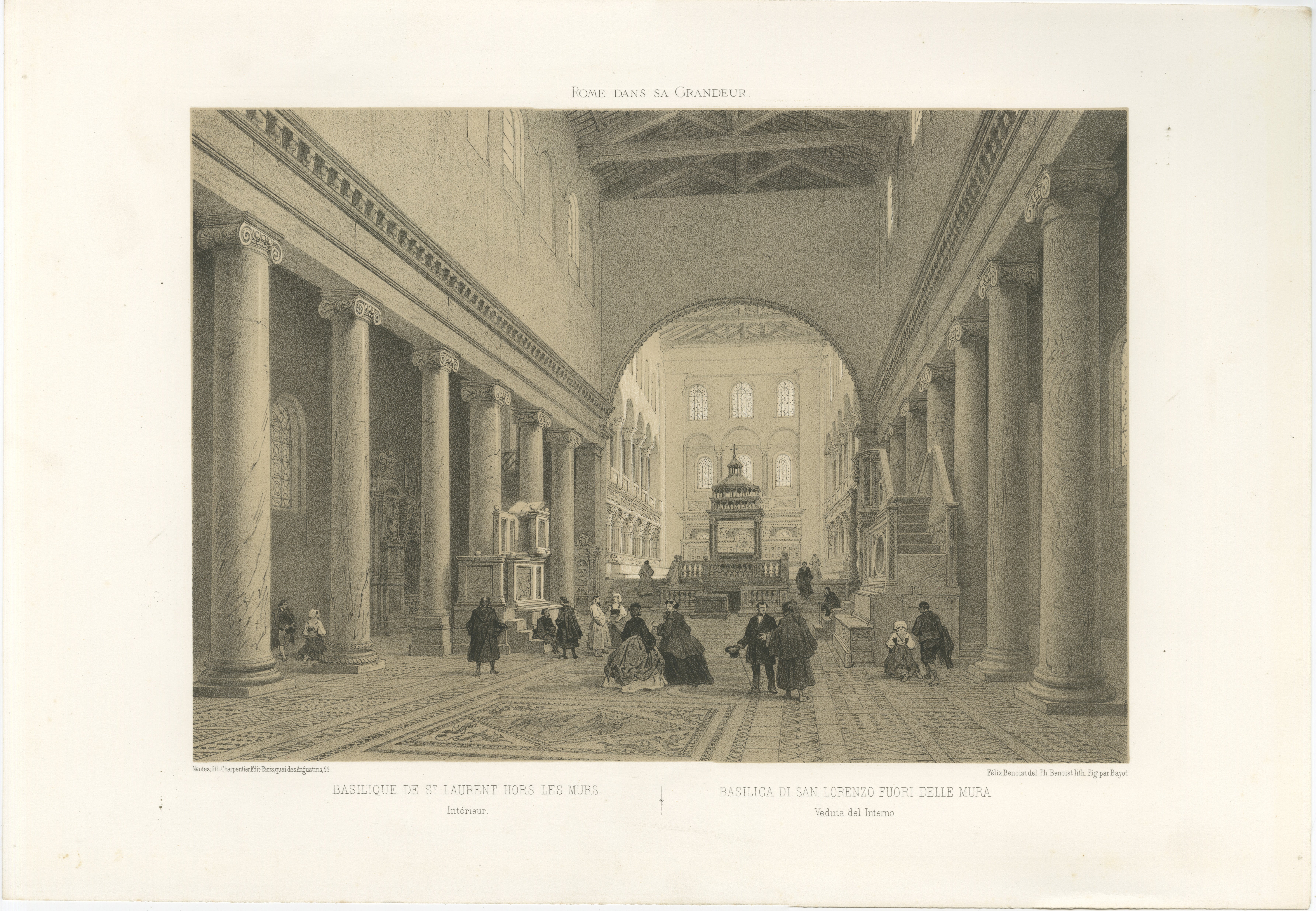 Intérieur de la basilique de San Lorenzo fuori le MURA, Rome - Benoist 1869 Lithographie