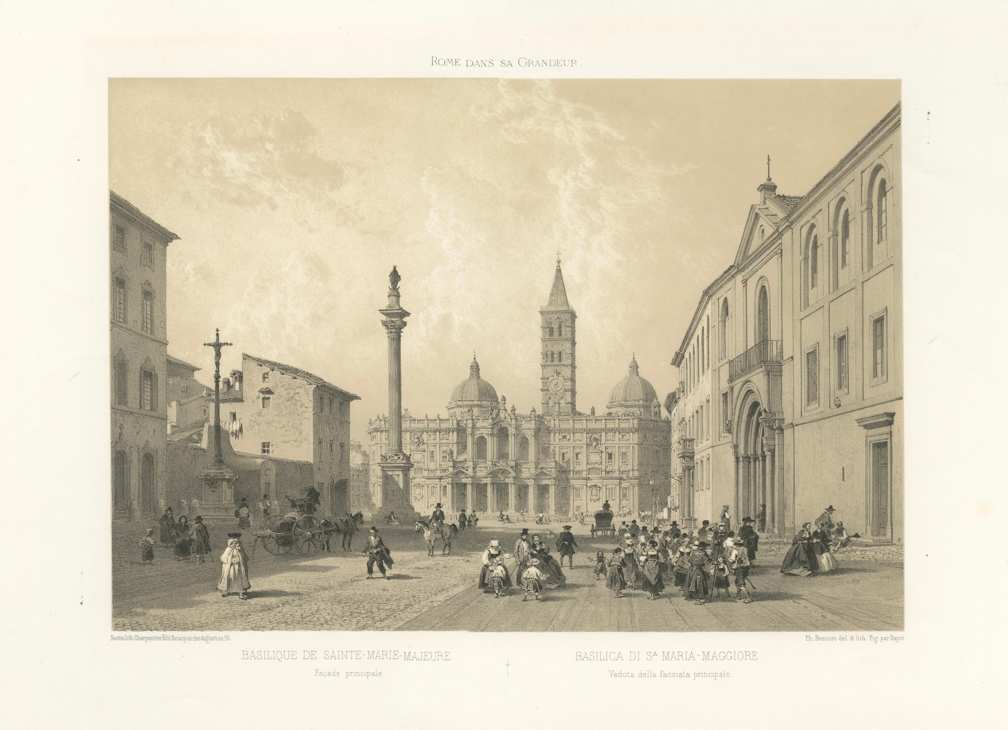 Basilica of Santa Maria Maggiore Façade, Rome – Benoist 1869 Lithograph