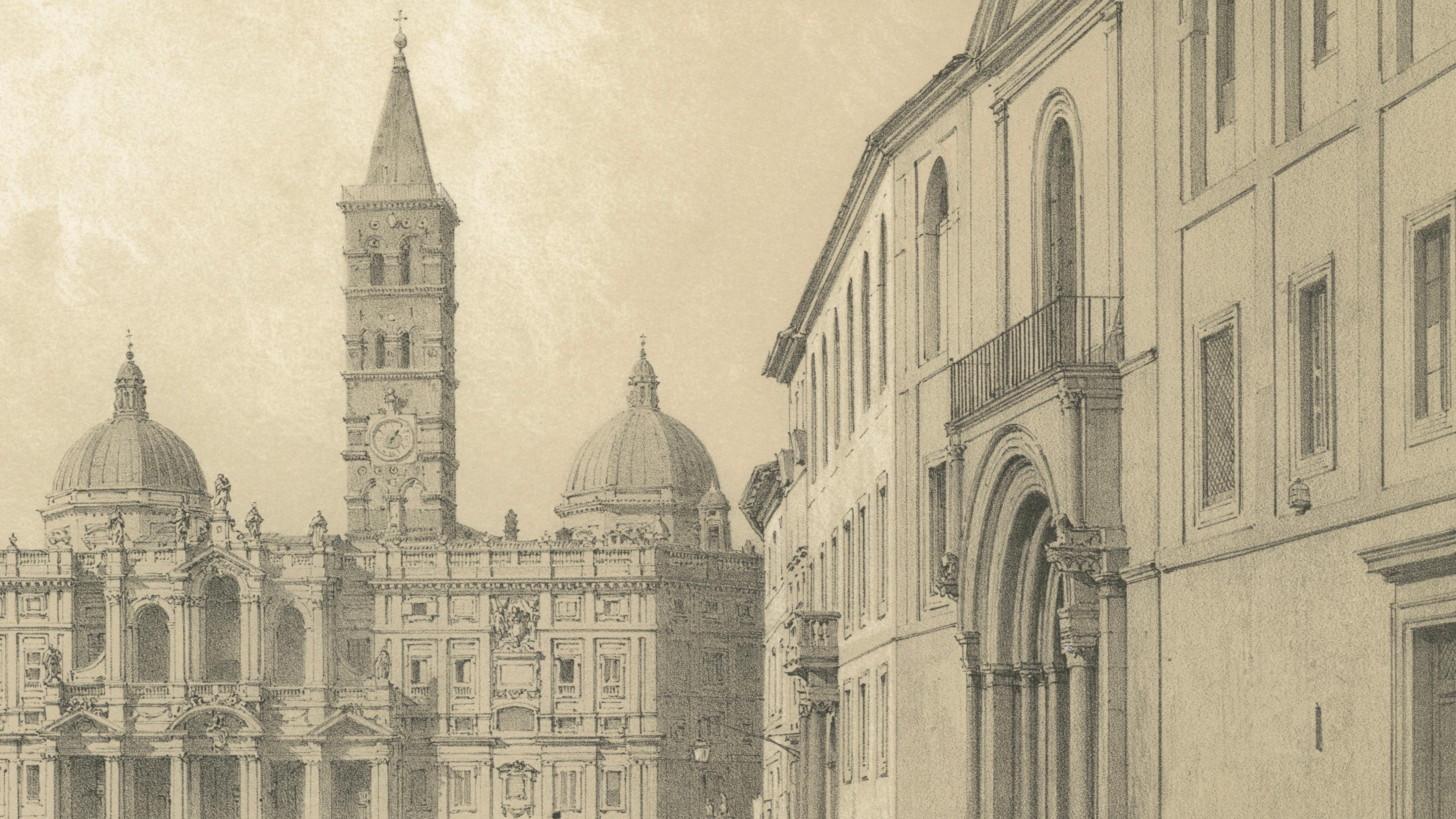 Basilica of Santa Maria Maggiore Façade, Rome – Benoist 1869 Lithograph
