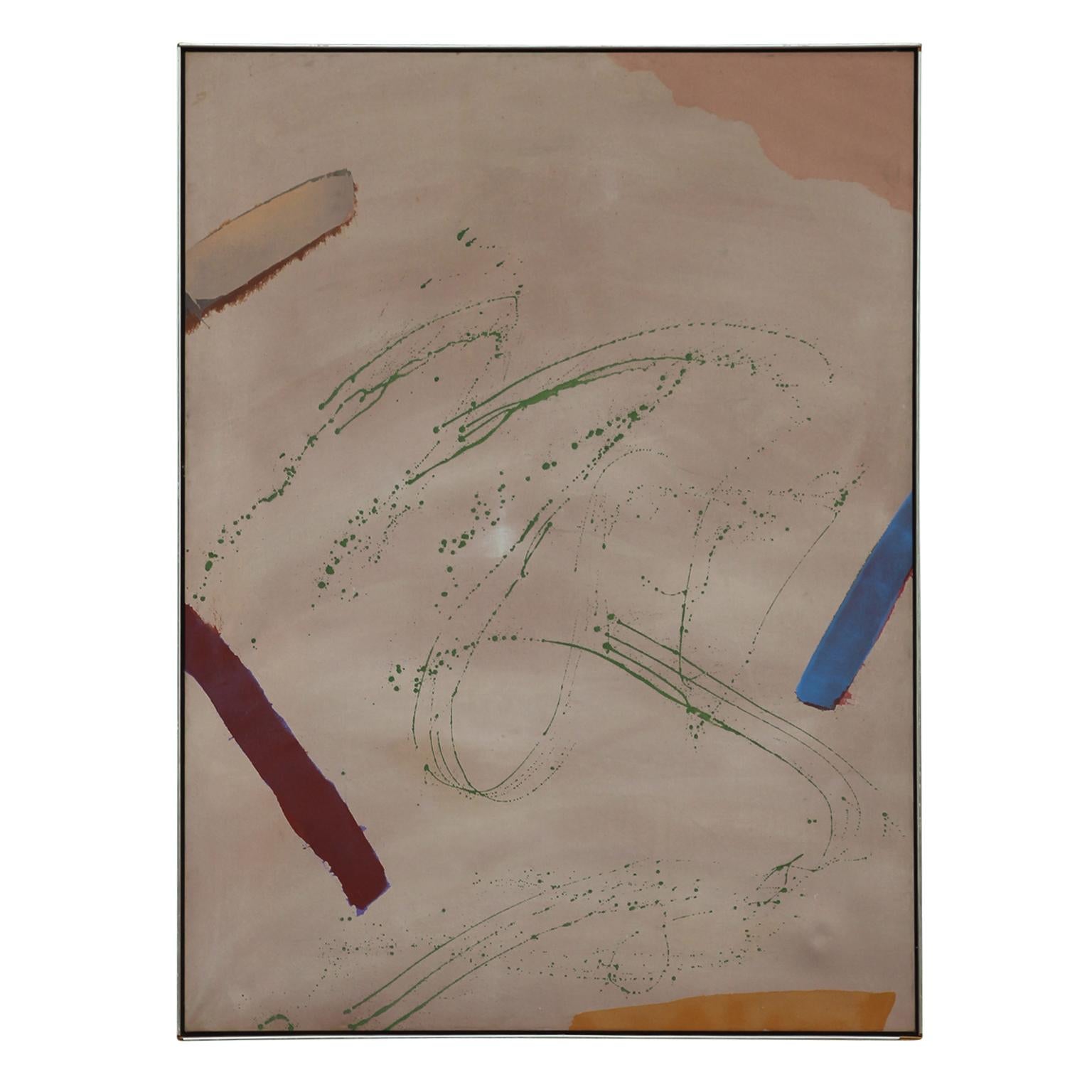 Large minimal abstract painting with mainly pink tones with hits of blues orange and green. The painting is signed, titled and dated by the artist. It is framed in a wooden frame. Attached to the back of the canvas is a Watson Gallery