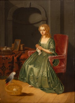 Lady with Knitting Basket, signed Grundman, dated 1760
