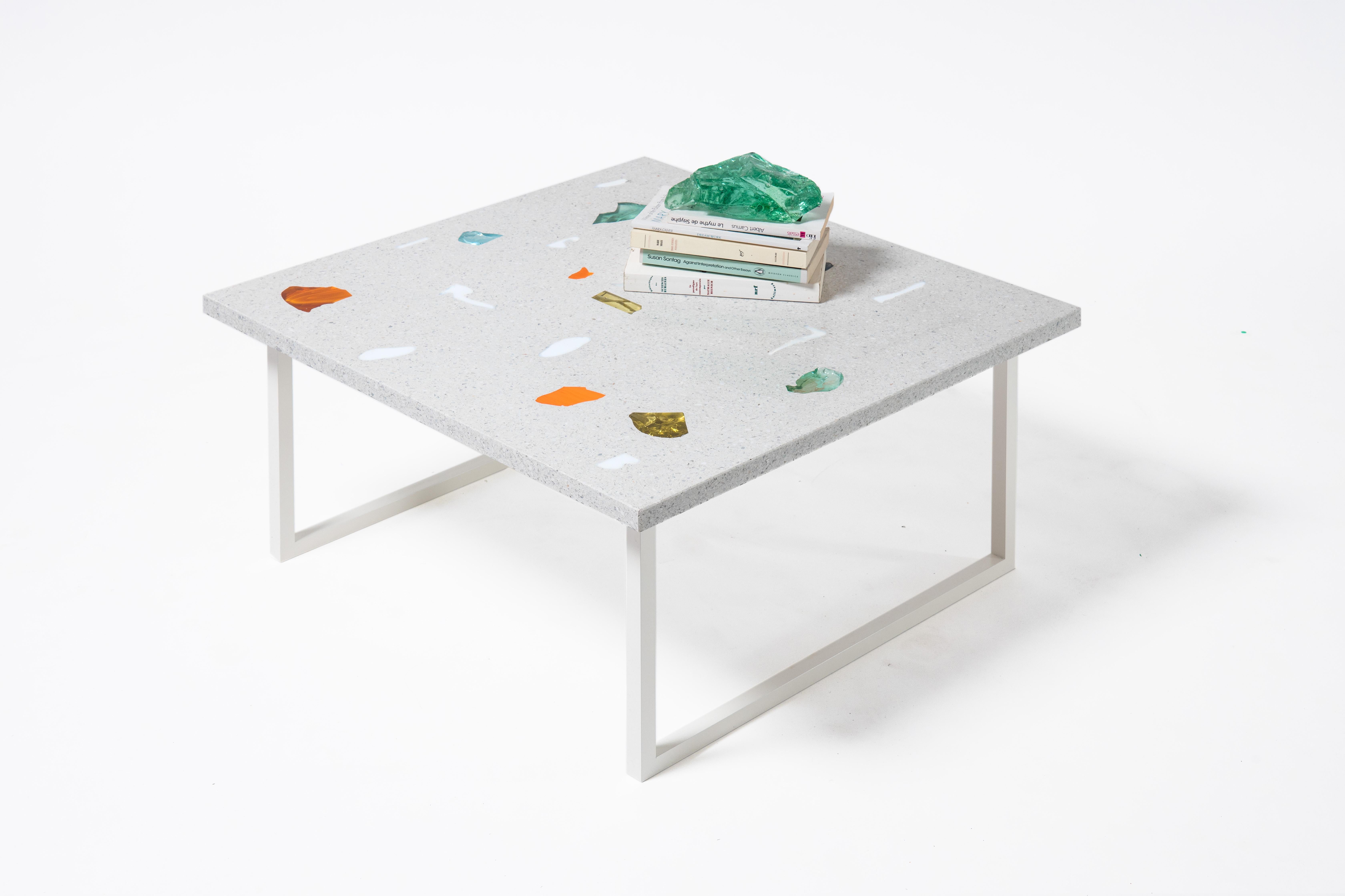 Basis Rho coffee table by Studio Jeschkelanger
Dimensions: 70 x 70 x 35 cm
Materials: unique Basis Rho tabletop: lluminated glass, colored concrete
 Powder coated steel frame, Handcrafted

Basis Rho was developed by Studio Jeschkelanger. It is