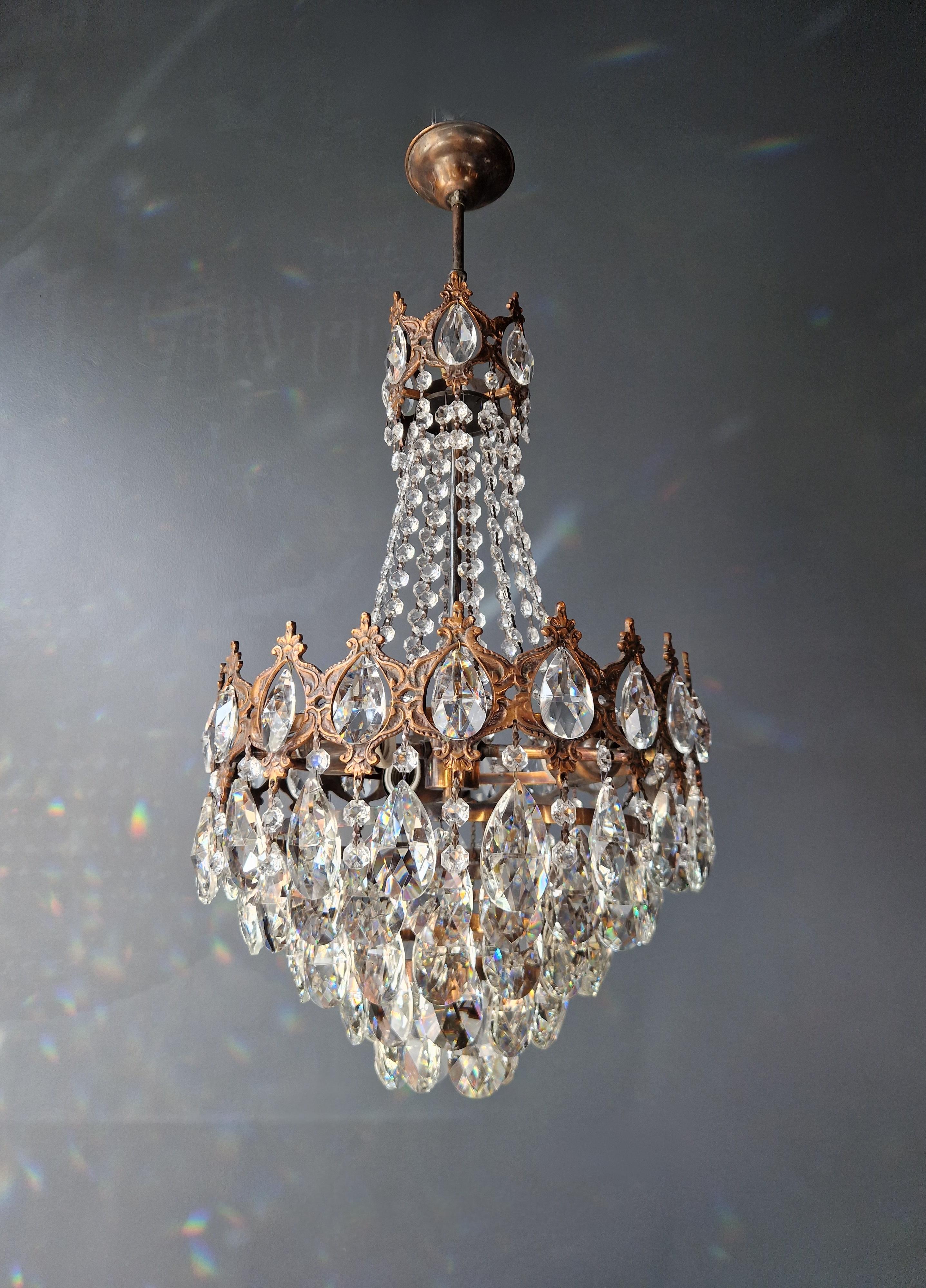 European Basket Chandelier Brass Empire Crystal Ceiling Antique Art Nouveau