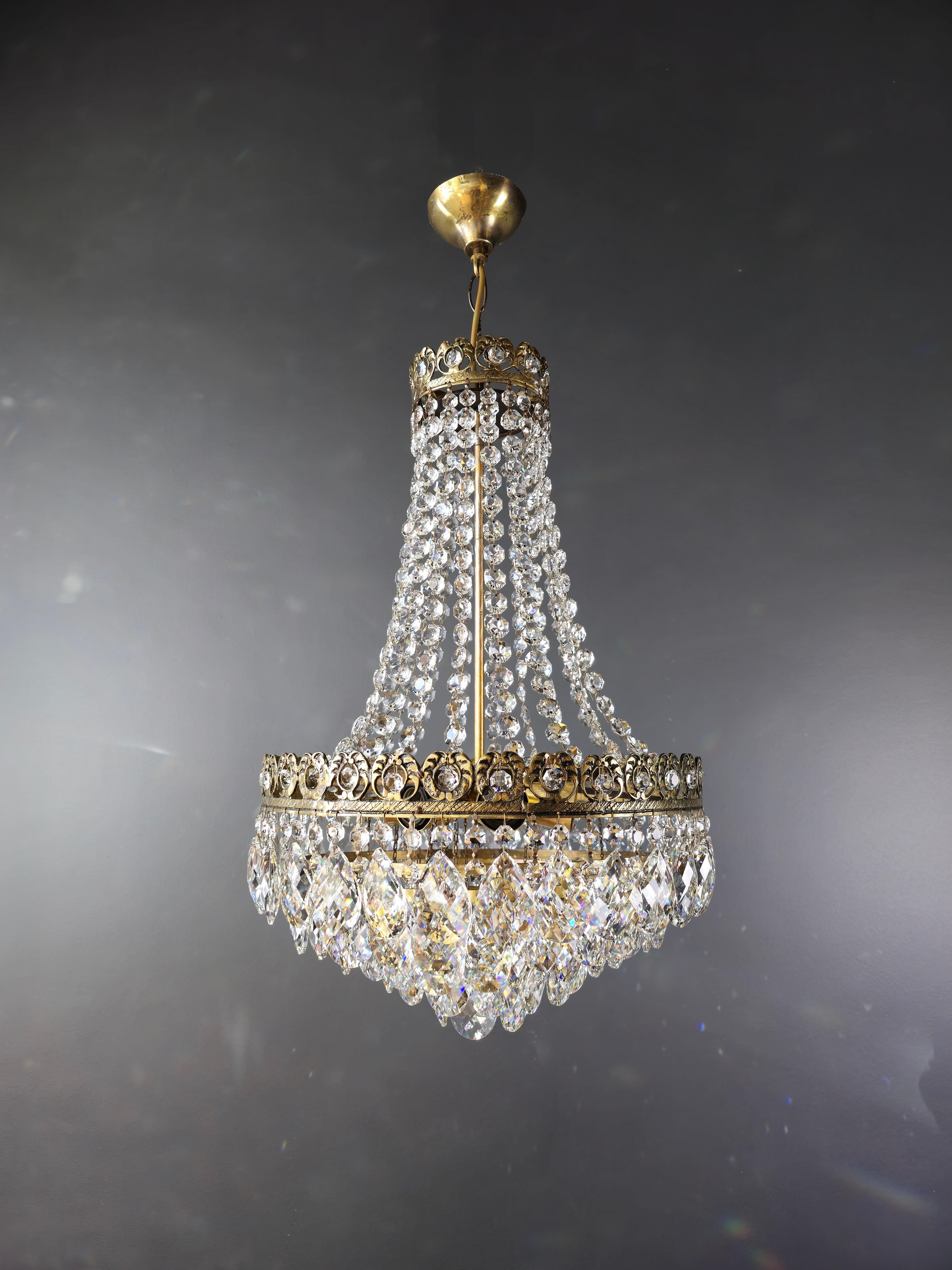 European Basket Chandelier Brass Empire Crystal Ceiling Antique Art Nouveau For Sale