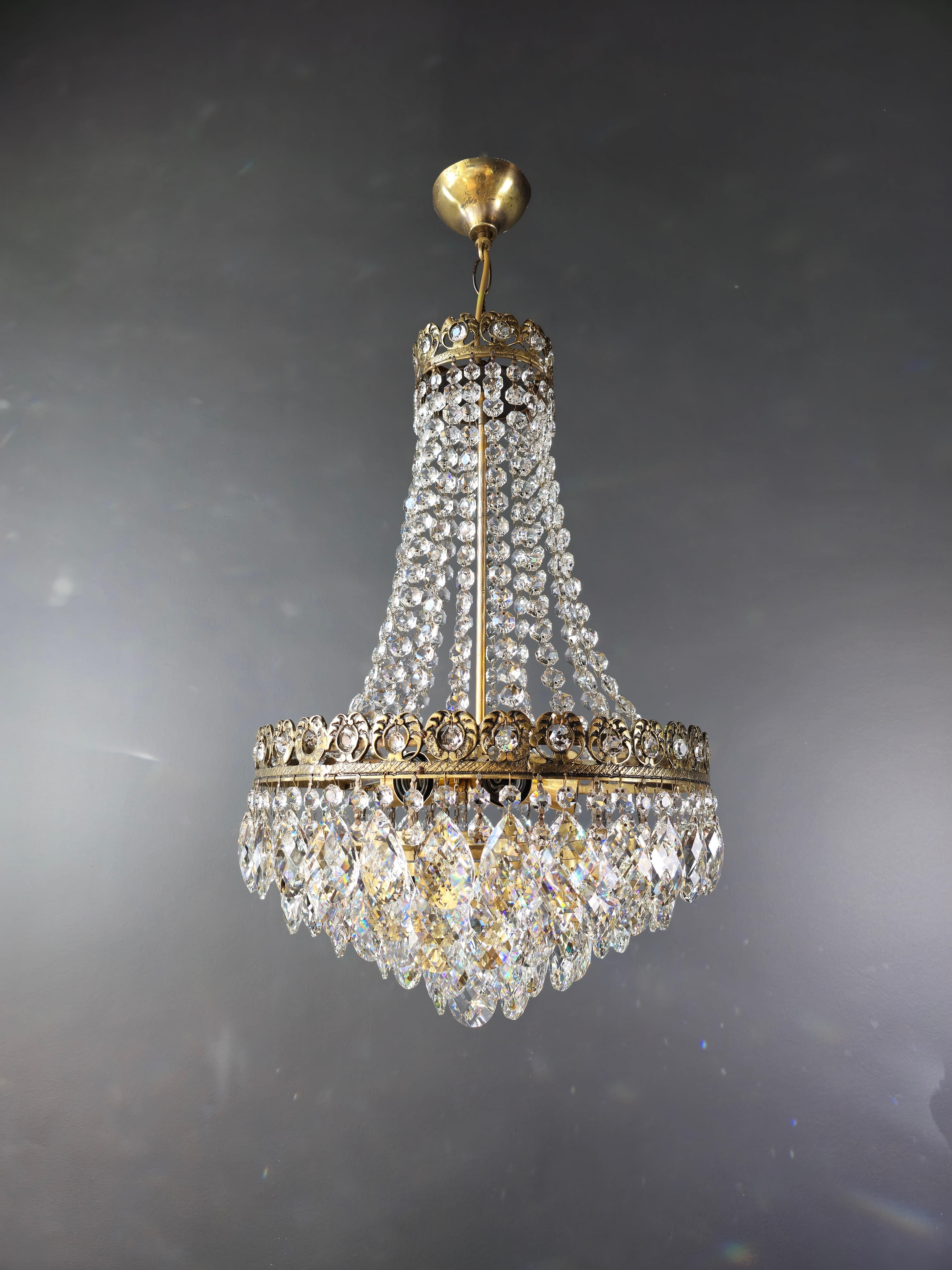 Hand-Knotted Basket Chandelier Brass Empire Crystal Ceiling Antique Art Nouveau For Sale
