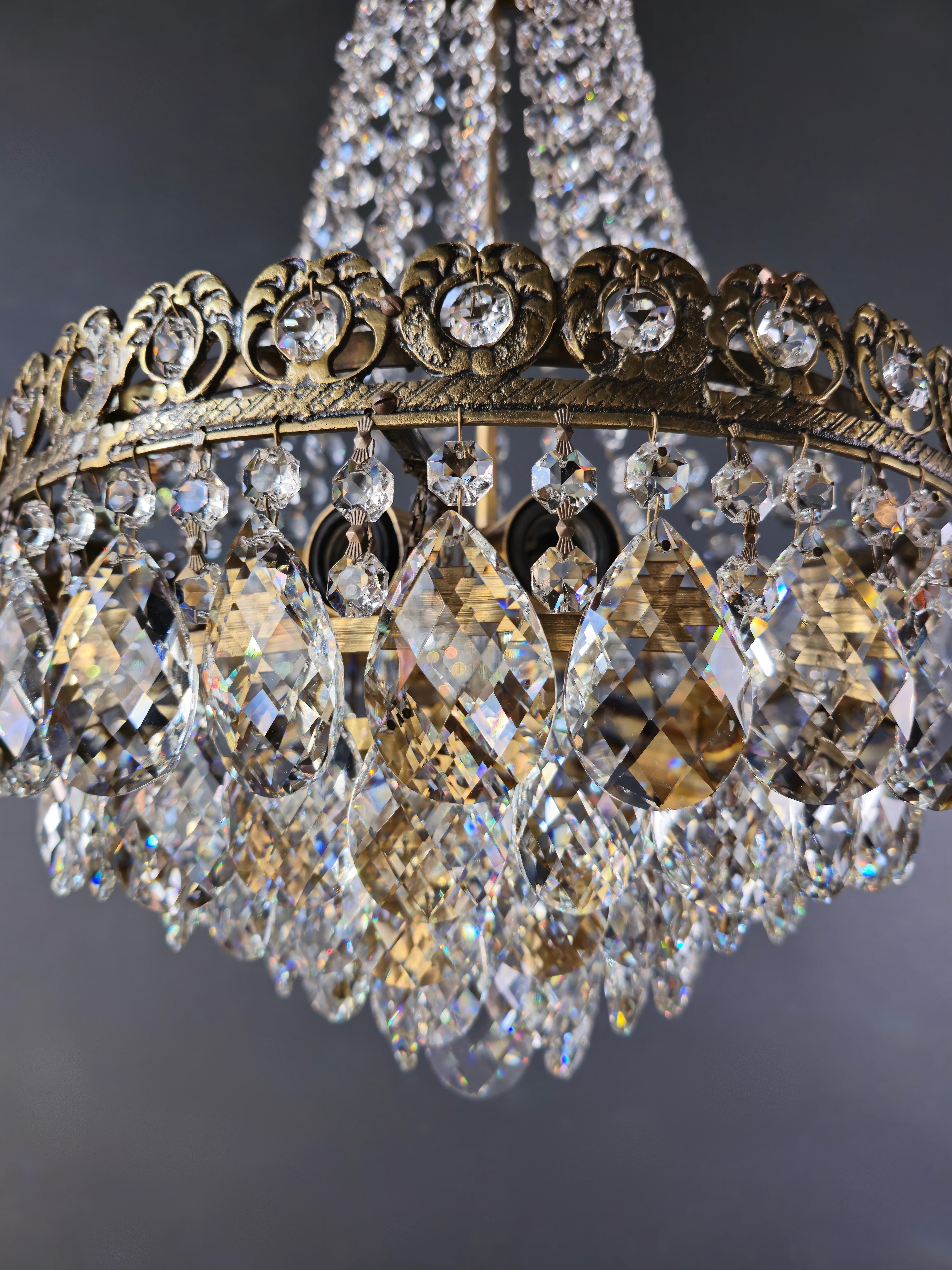 Late 20th Century Basket Chandelier Brass Empire Crystal Ceiling Antique Art Nouveau For Sale