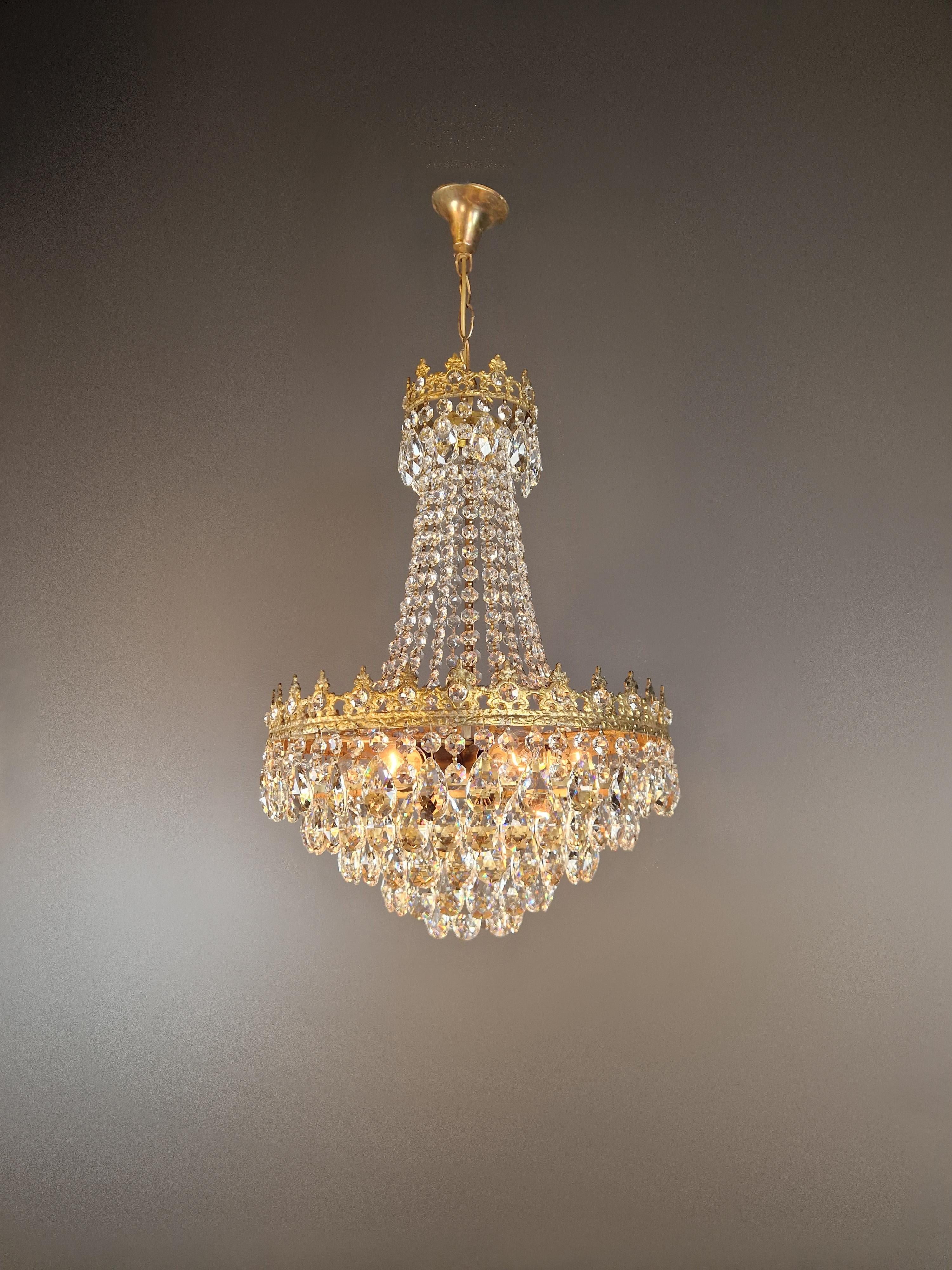 Hand-Knotted Basket Chandelier Brass Empire Crystal Ceiling Antique Art Nouveau Gold