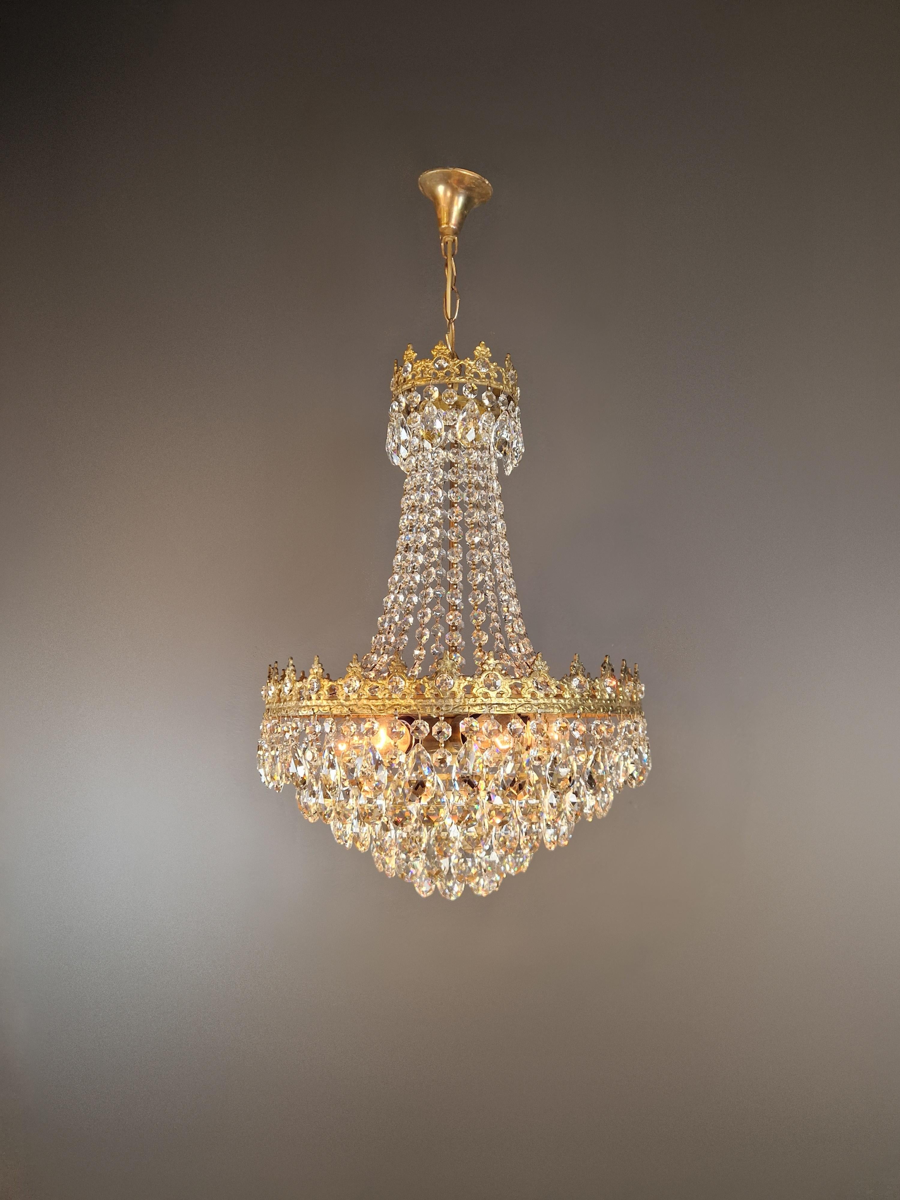 Basket Chandelier Brass Empire Crystal Ceiling Antique Art Nouveau Gold In Good Condition In Berlin, DE