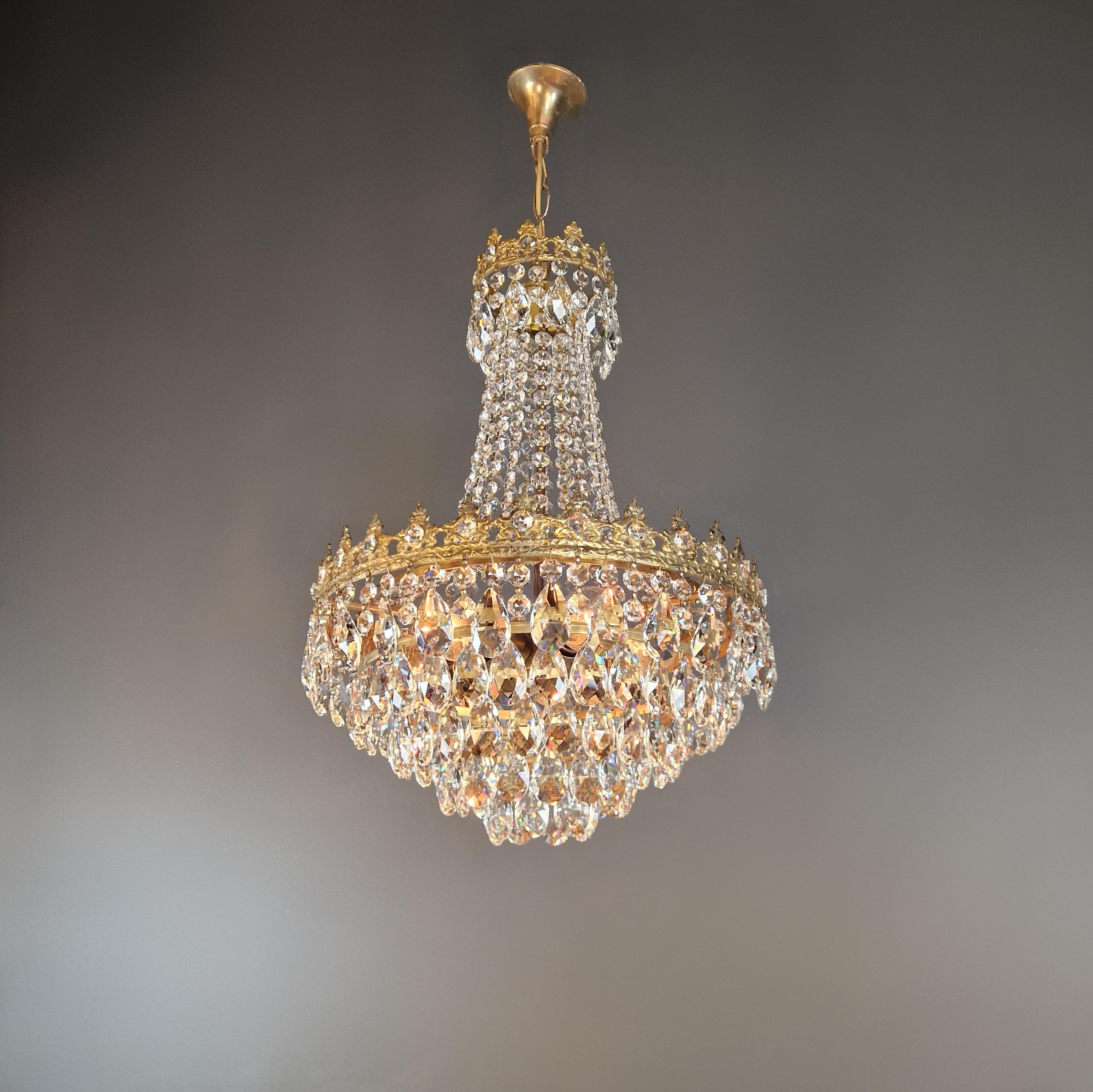 Mid-20th Century Basket Chandelier Brass Empire Crystal Ceiling Antique Art Nouveau Gold