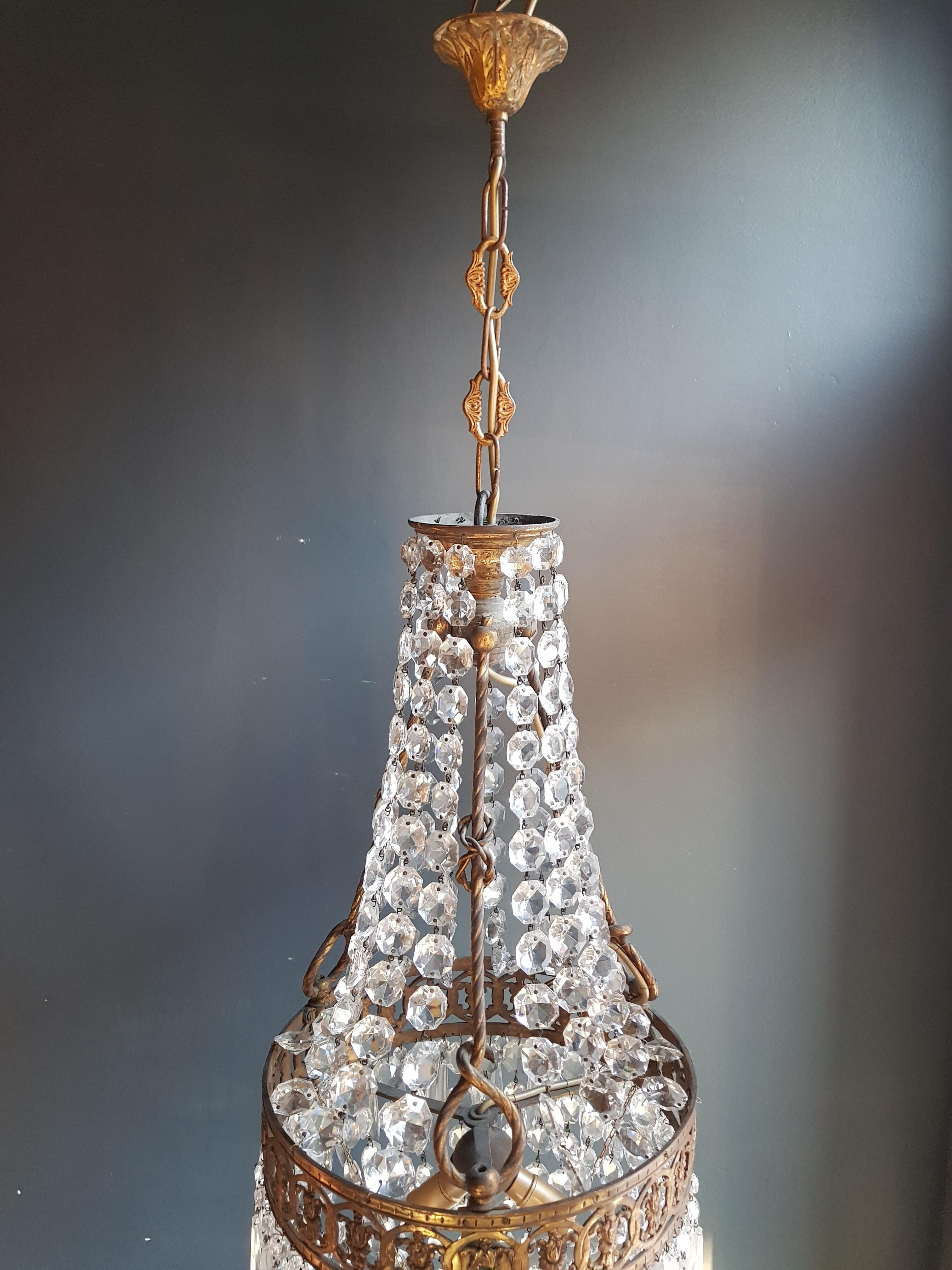 Basket Chandelier Brass Empire Crystal Lustre Ceiling Antique Art Nouveau For Sale 4