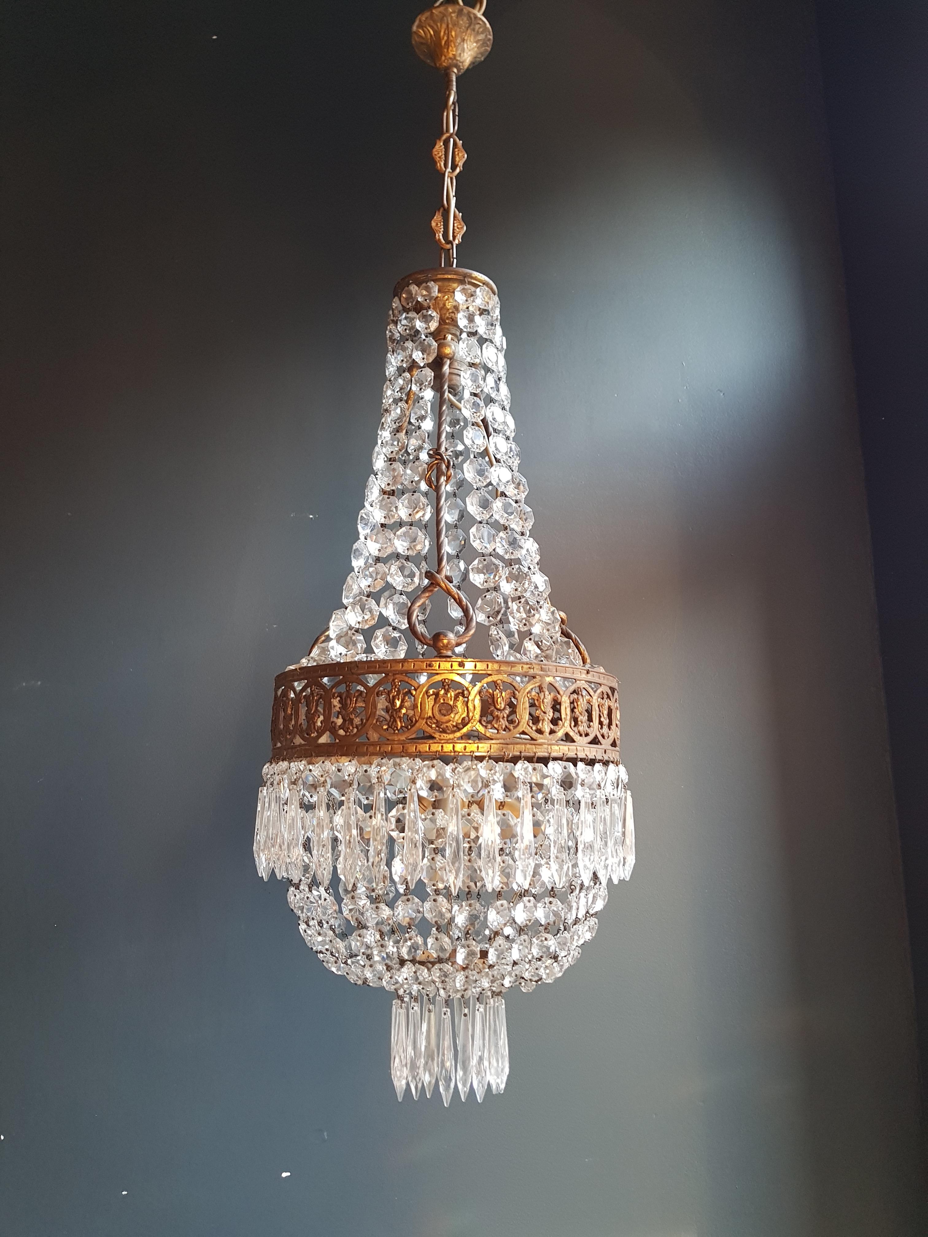 European Basket Chandelier Brass Empire Crystal Lustre Ceiling Antique Art Nouveau For Sale
