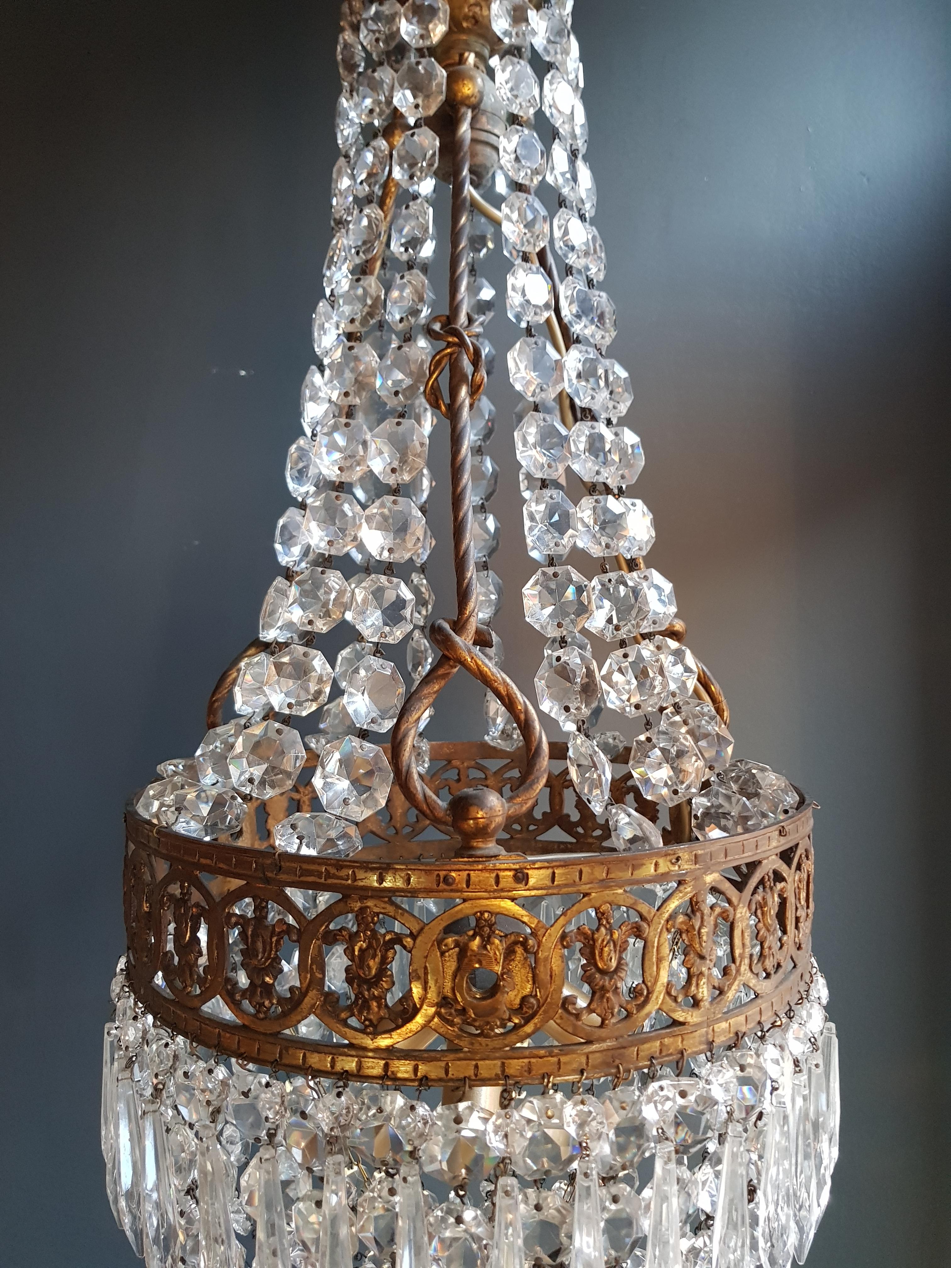 Hand-Knotted Basket Chandelier Brass Empire Crystal Lustre Ceiling Antique Art Nouveau For Sale