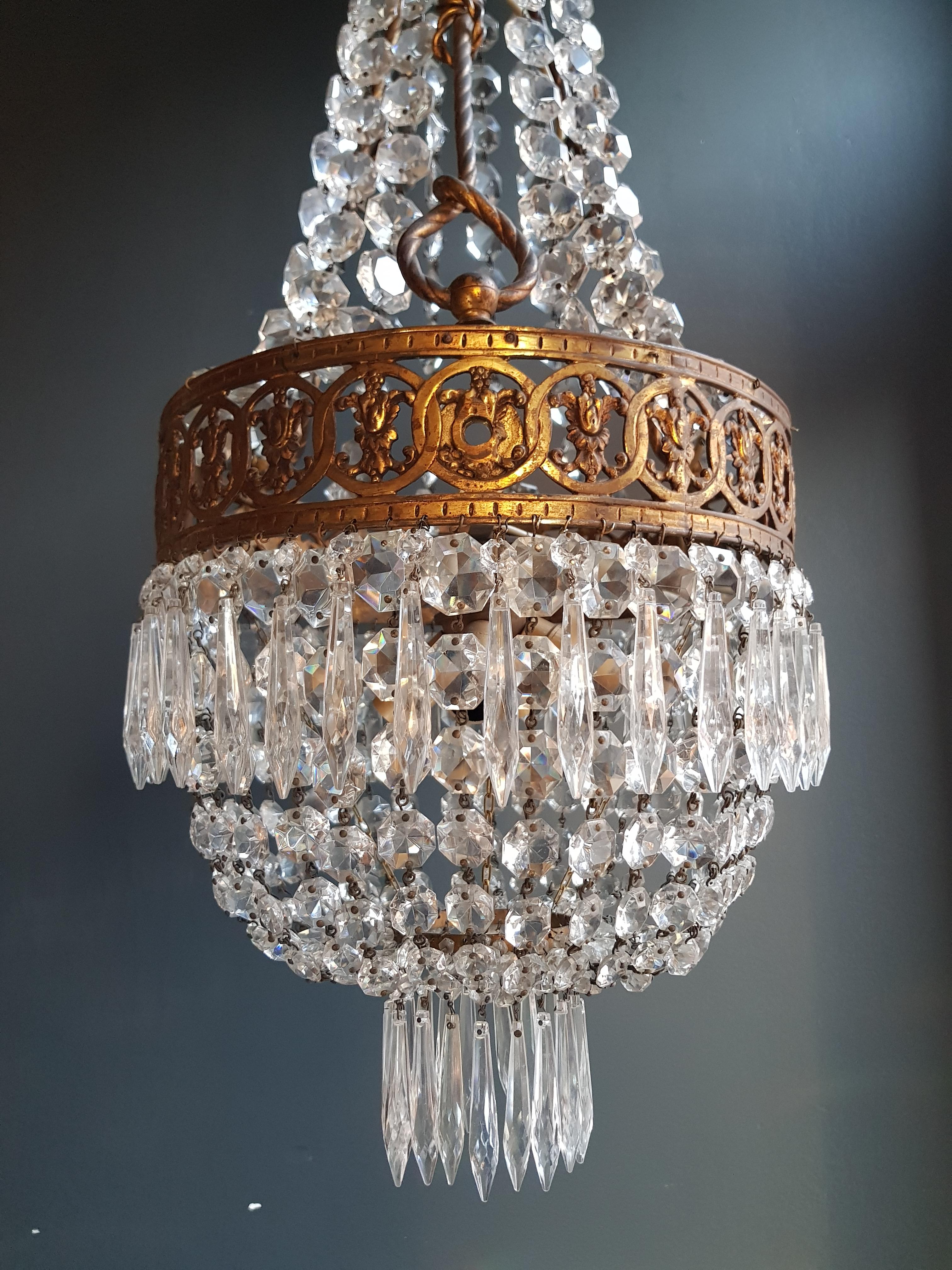 Mid-20th Century Basket Chandelier Brass Empire Crystal Lustre Ceiling Antique Art Nouveau For Sale