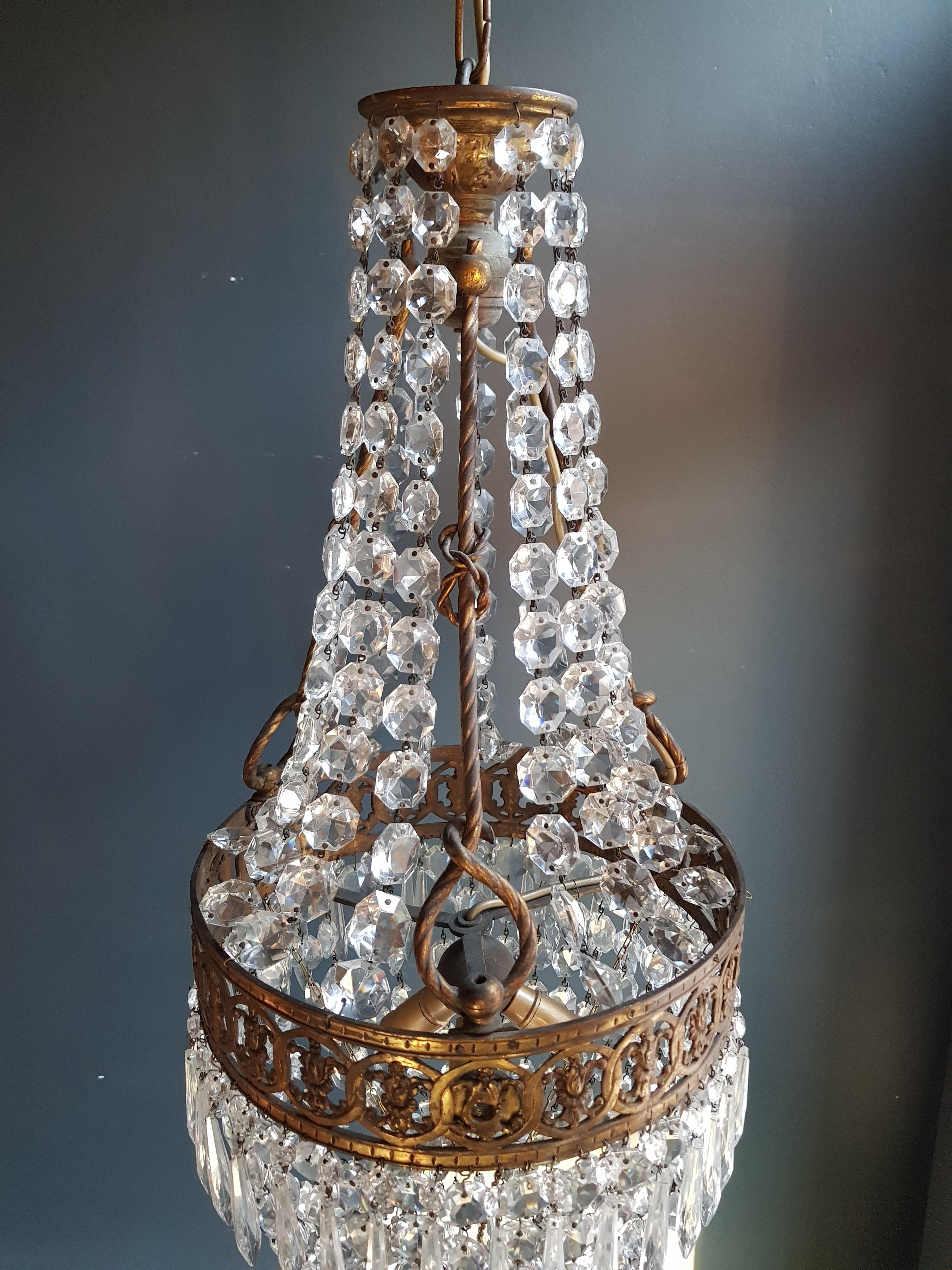 Basket Chandelier Brass Empire Crystal Lustre Ceiling Antique Art Nouveau For Sale 1
