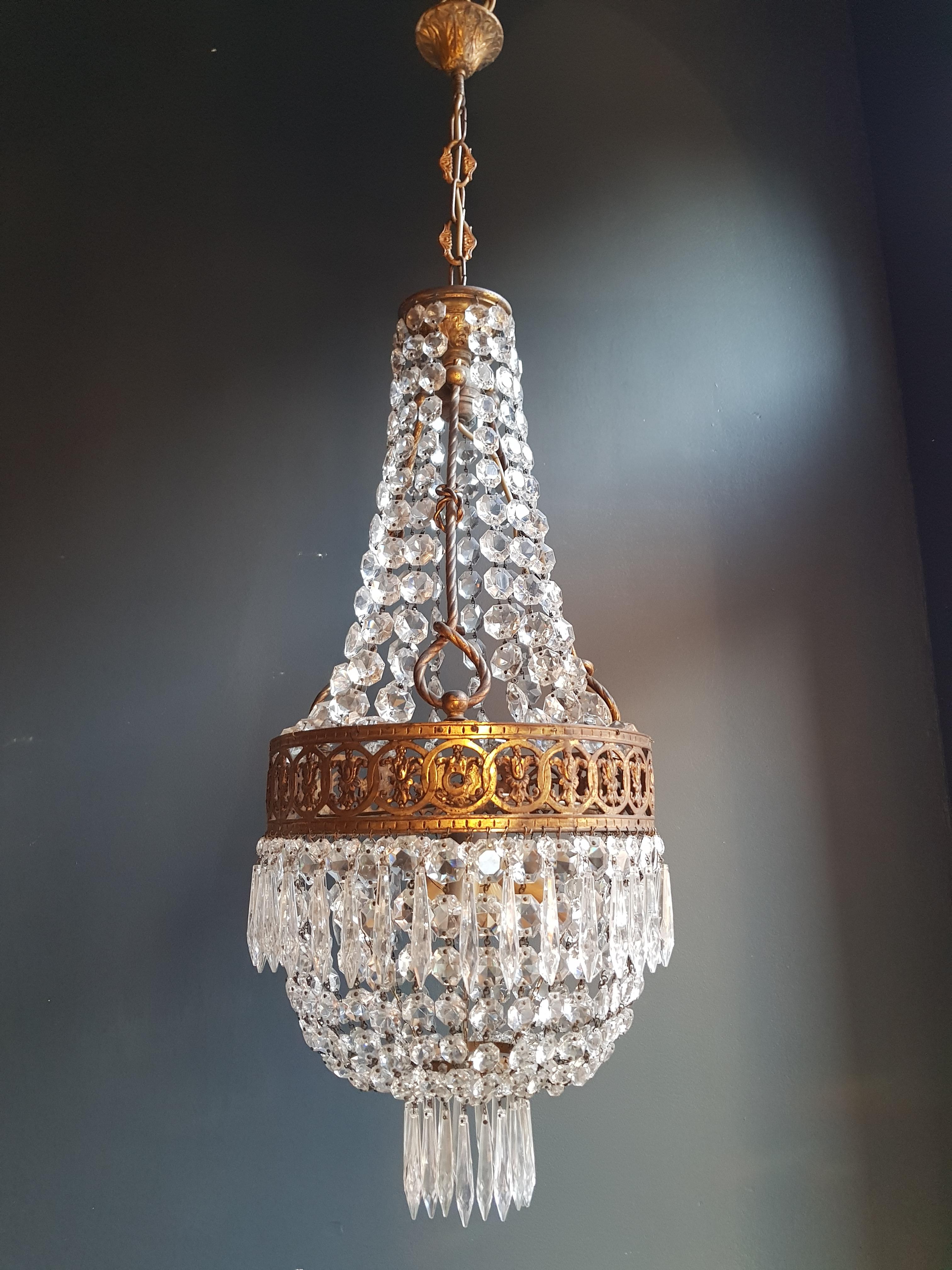 Basket Chandelier Brass Empire Crystal Lustre Ceiling Antique Art Nouveau For Sale 2