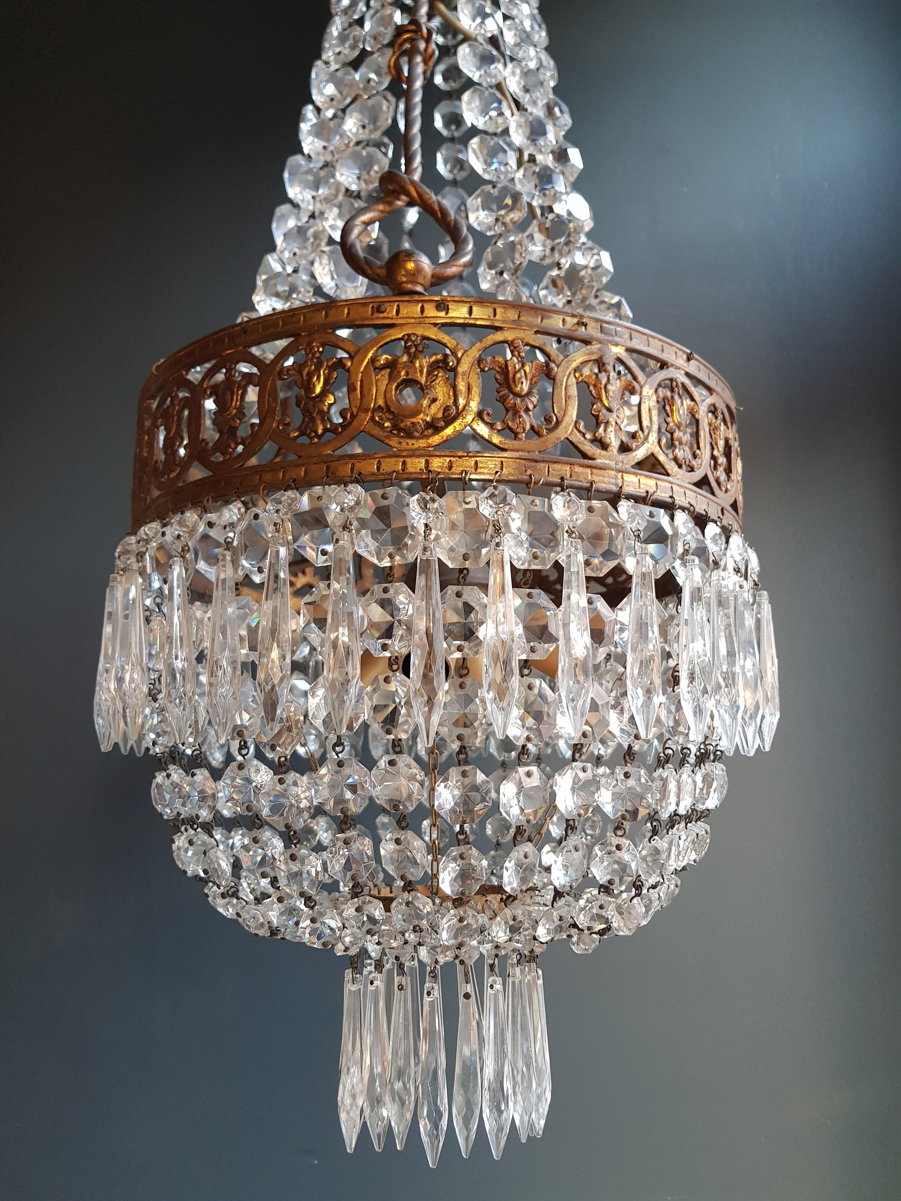 Basket Chandelier Brass Empire Crystal Lustre Ceiling Antique Art Nouveau For Sale 3