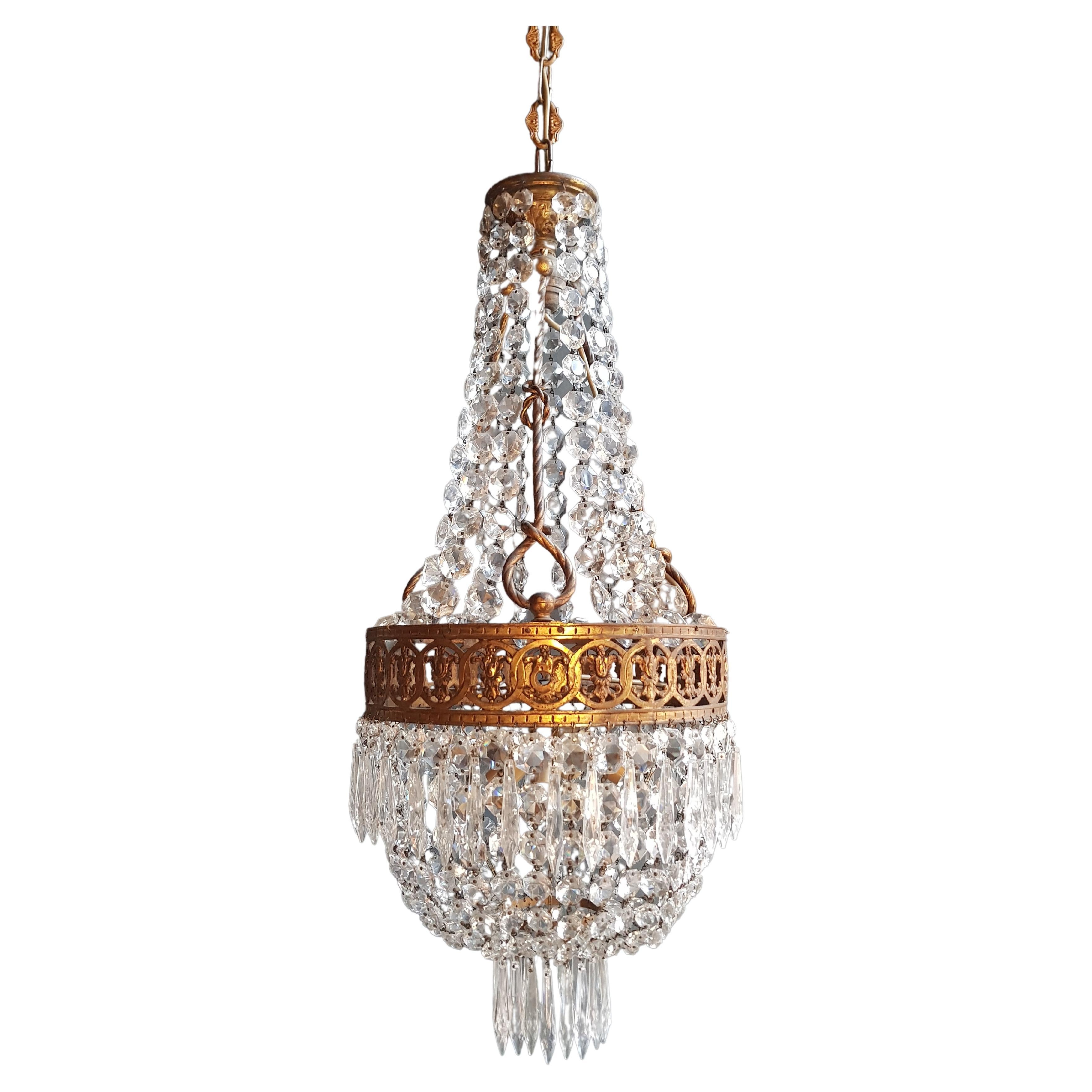 Basket Chandelier Brass Empire Crystal Lustre Ceiling Antique Art Nouveau For Sale