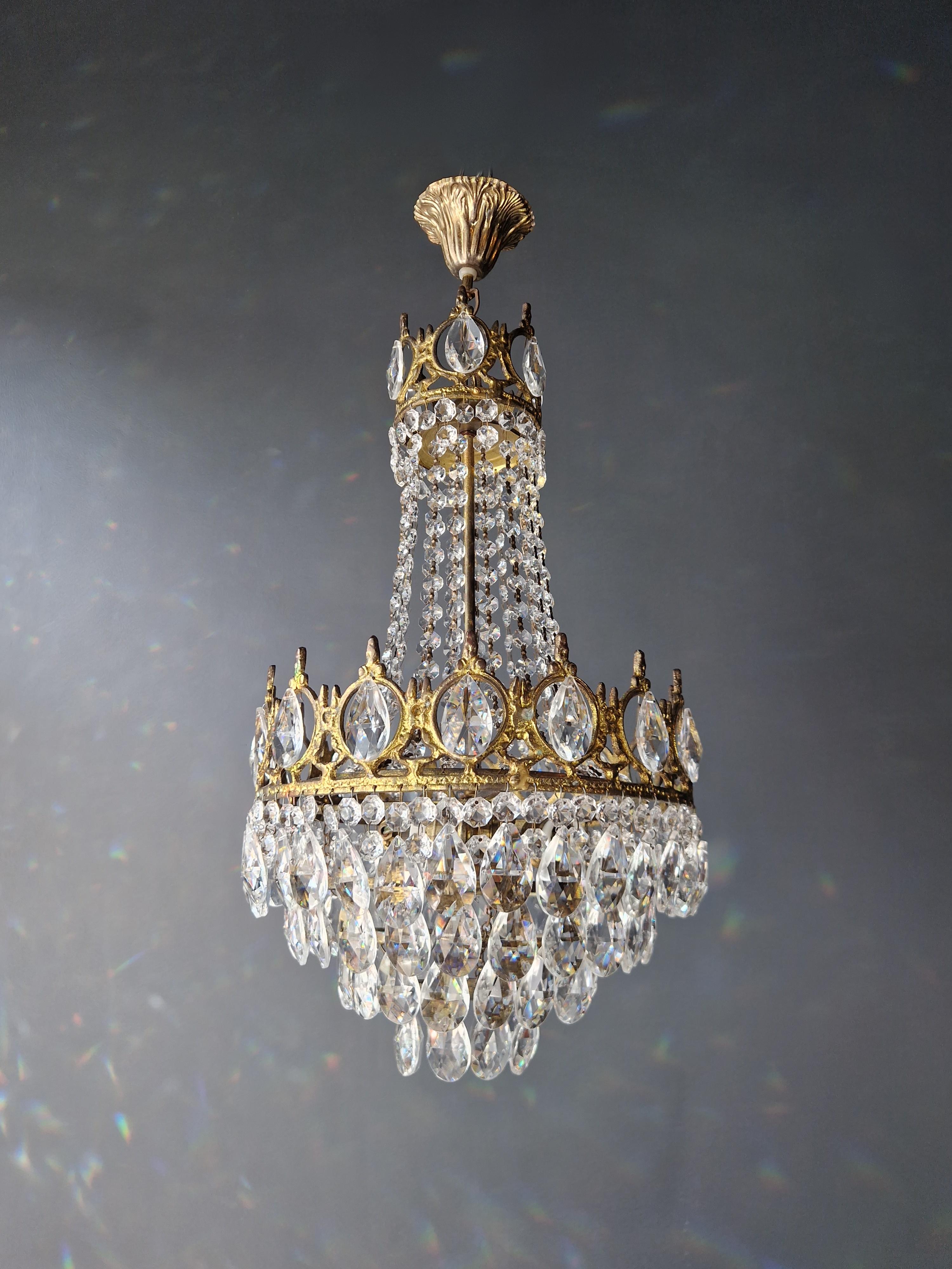 Basket Chandelier Brass Empire Crystal Lustre Ceiling Antique Art Nouveau Gold For Sale 4