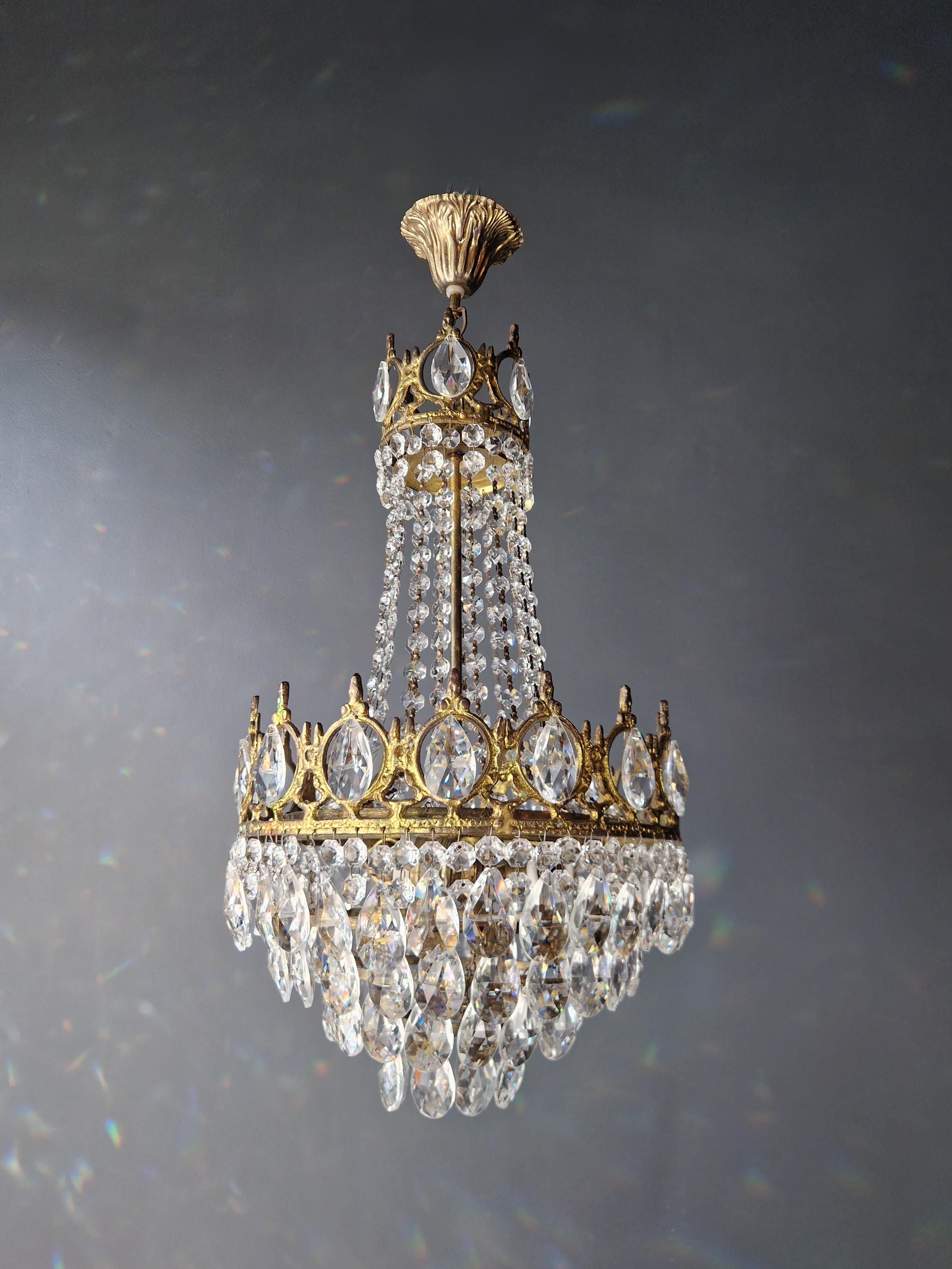 European Basket Chandelier Brass Empire Crystal Lustre Ceiling Antique Art Nouveau Gold For Sale