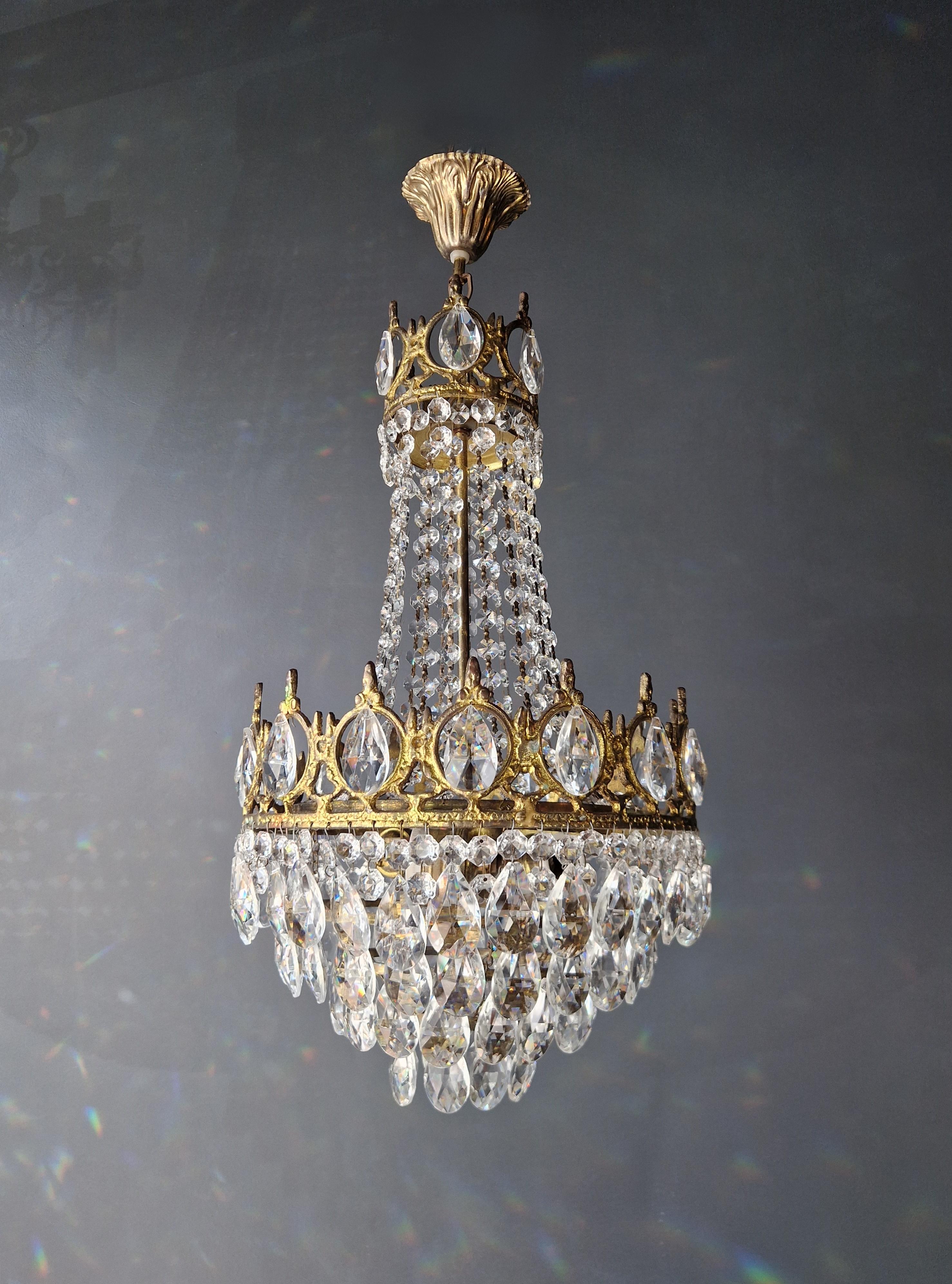 Hand-Knotted Basket Chandelier Brass Empire Crystal Lustre Ceiling Antique Art Nouveau Gold For Sale