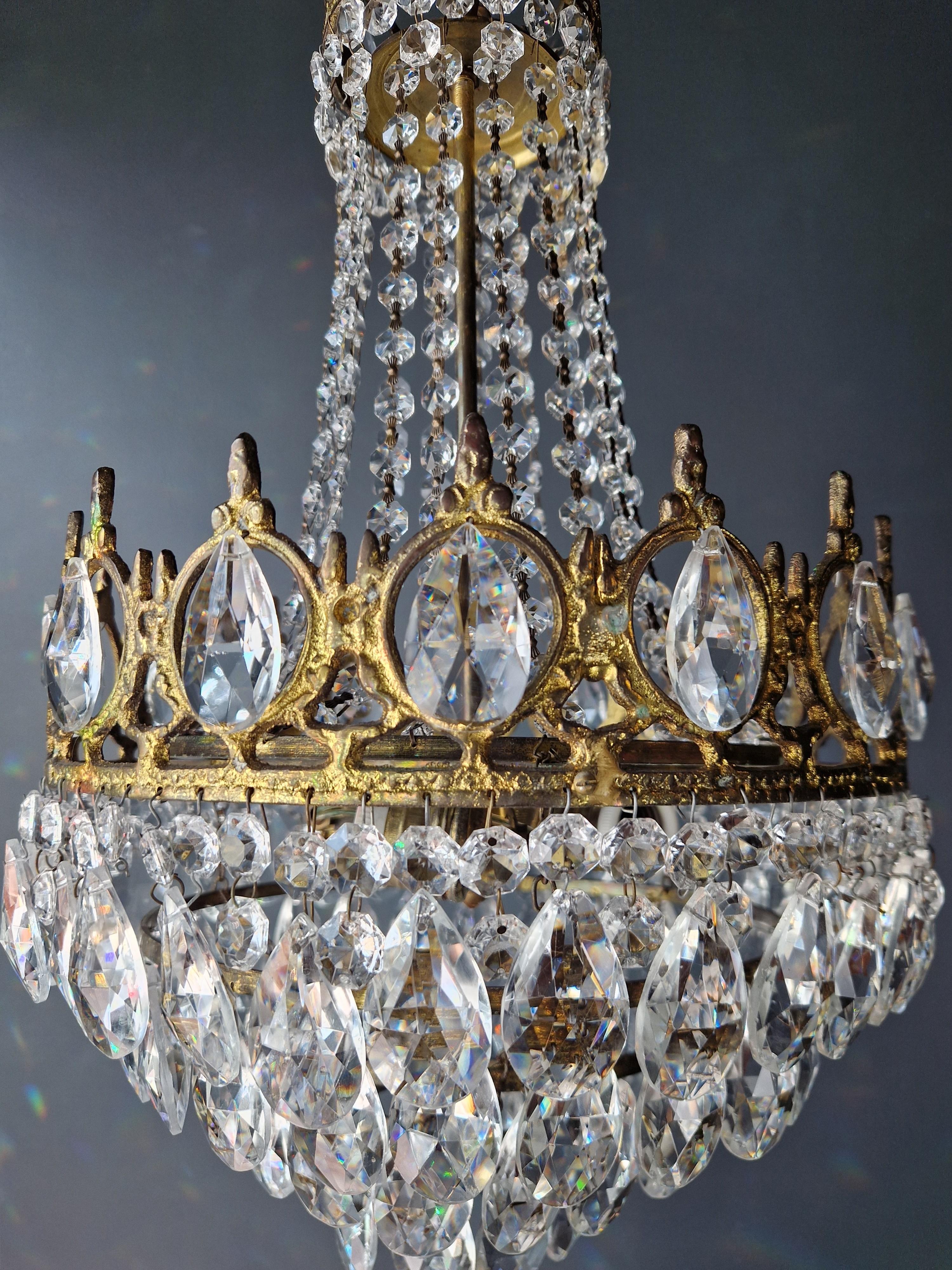 Basket Chandelier Brass Empire Crystal Lustre Ceiling Antique Art Nouveau Gold In Good Condition For Sale In Berlin, DE